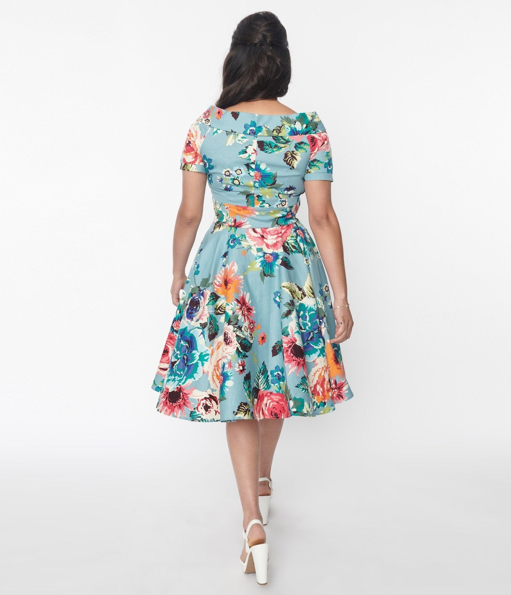  Teal & Multicolor Floral Swing Dress