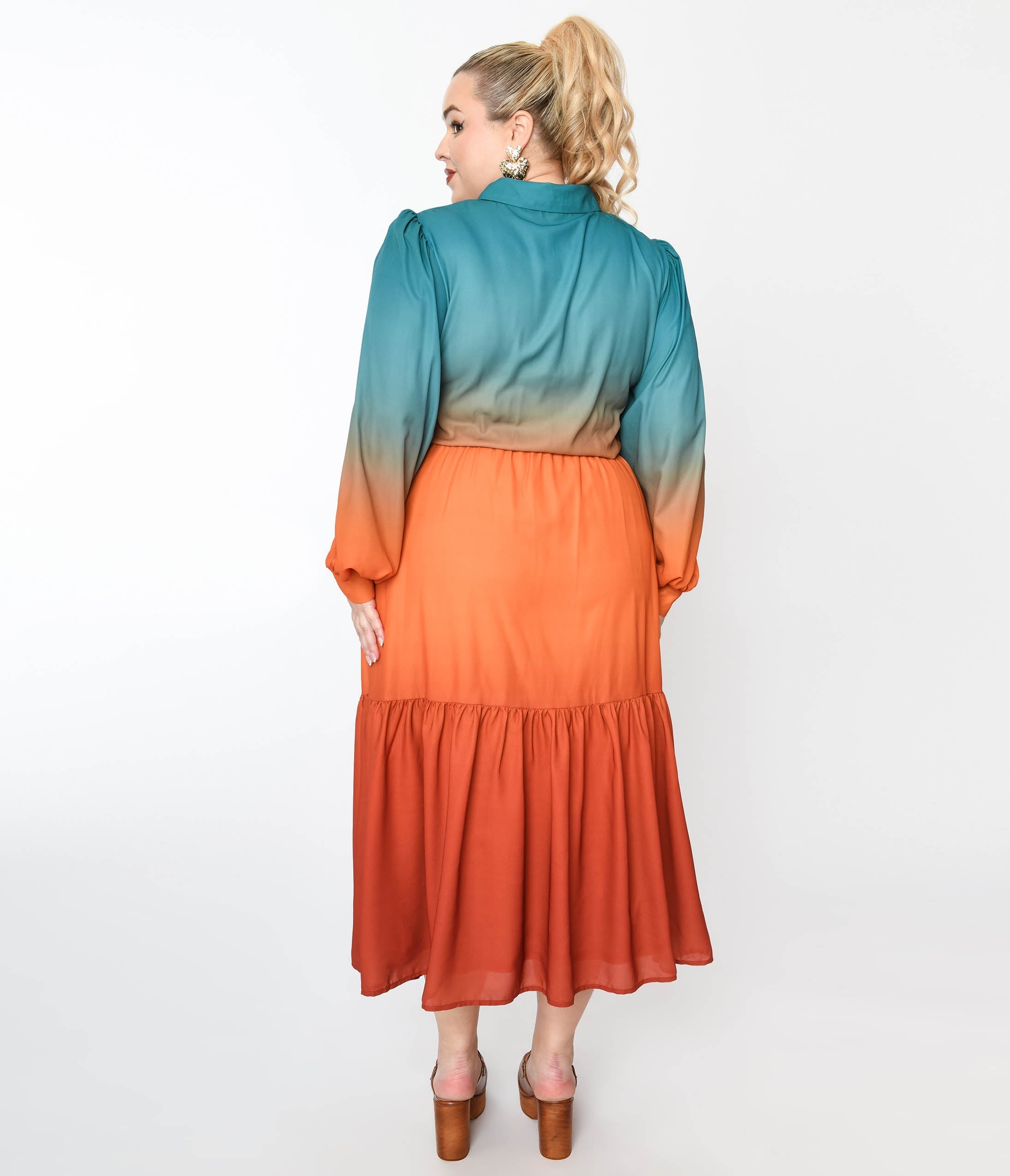  Teal & Rust Gradient Maxi Shirt Dress