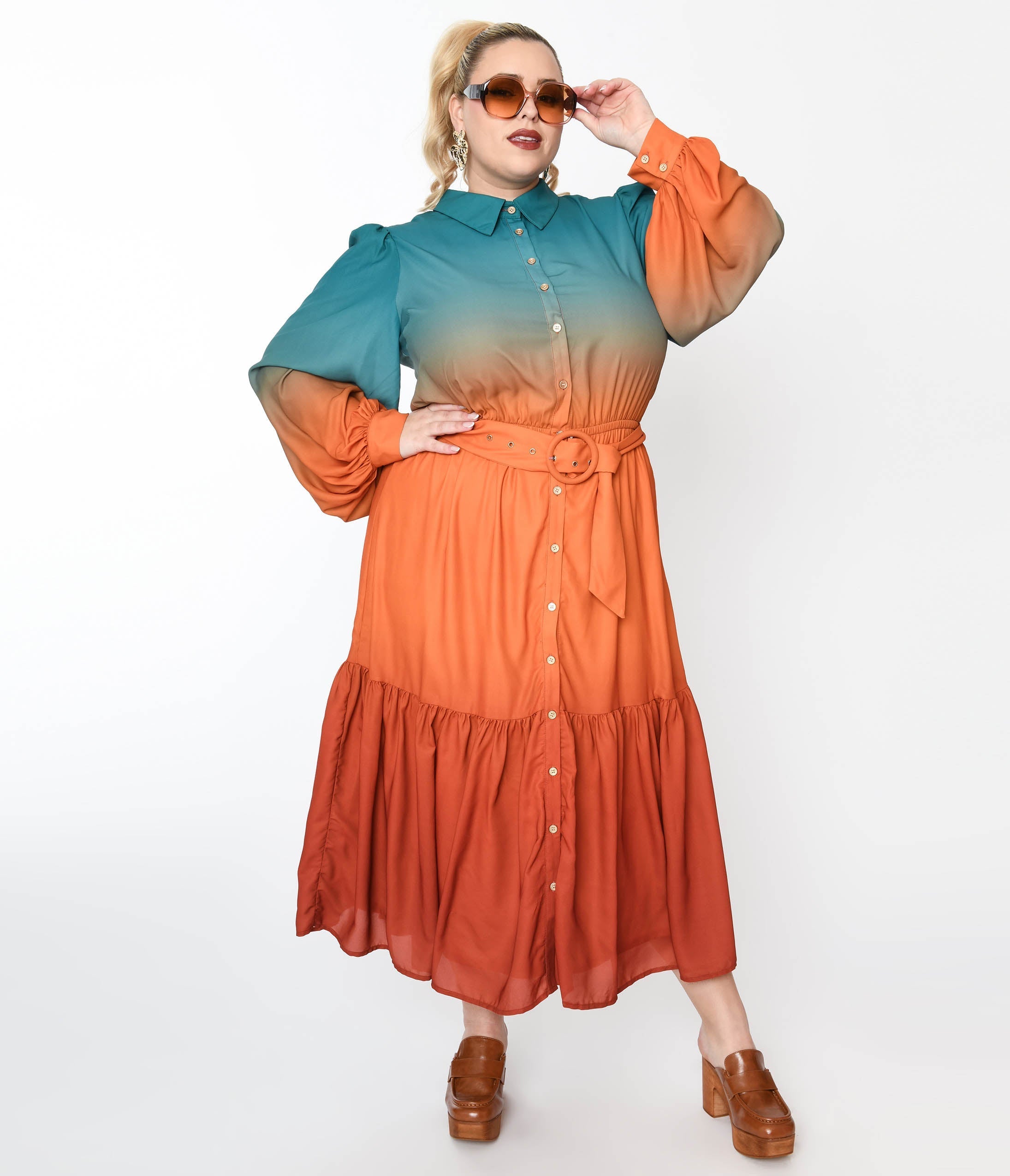  Teal & Rust Gradient Maxi Shirt Dress