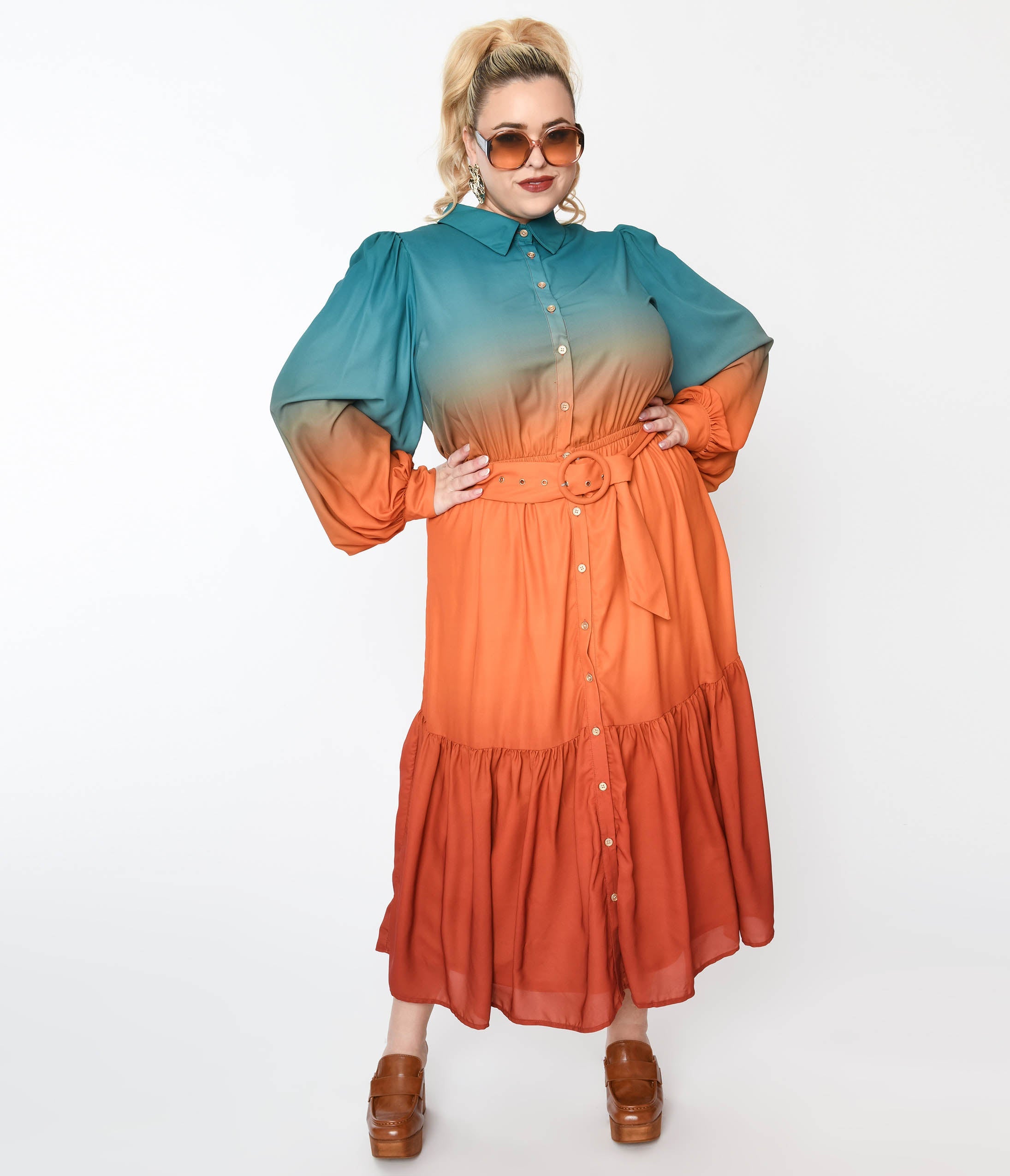  Teal & Rust Gradient Maxi Shirt Dress