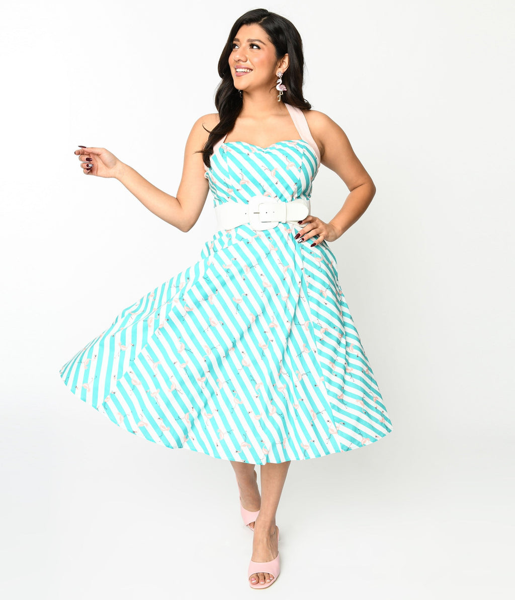  Teal & White Striped Flamingo Print Swing Dress
