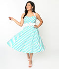  Teal & White Striped Flamingo Print Swing Dress