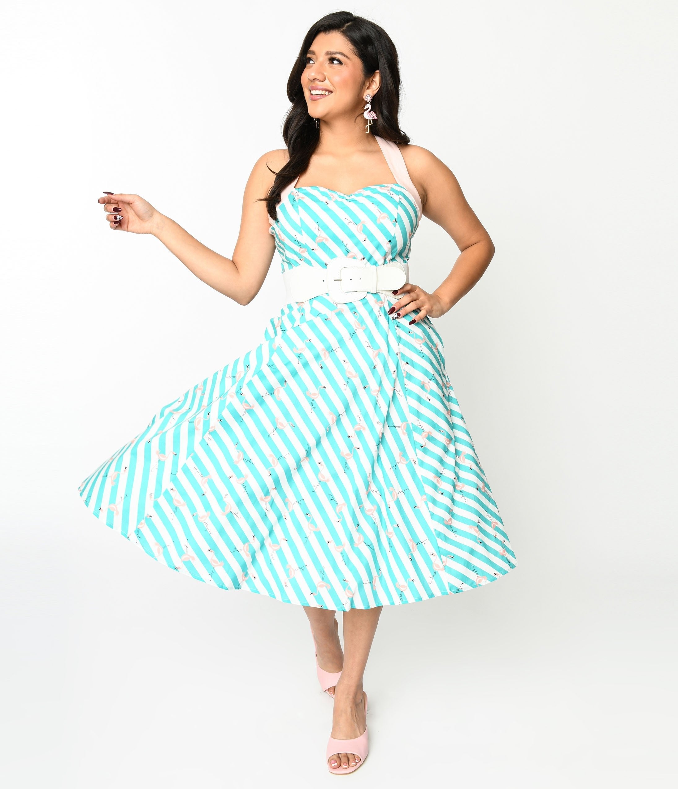  Teal & White Striped Flamingo Print Swing Dress