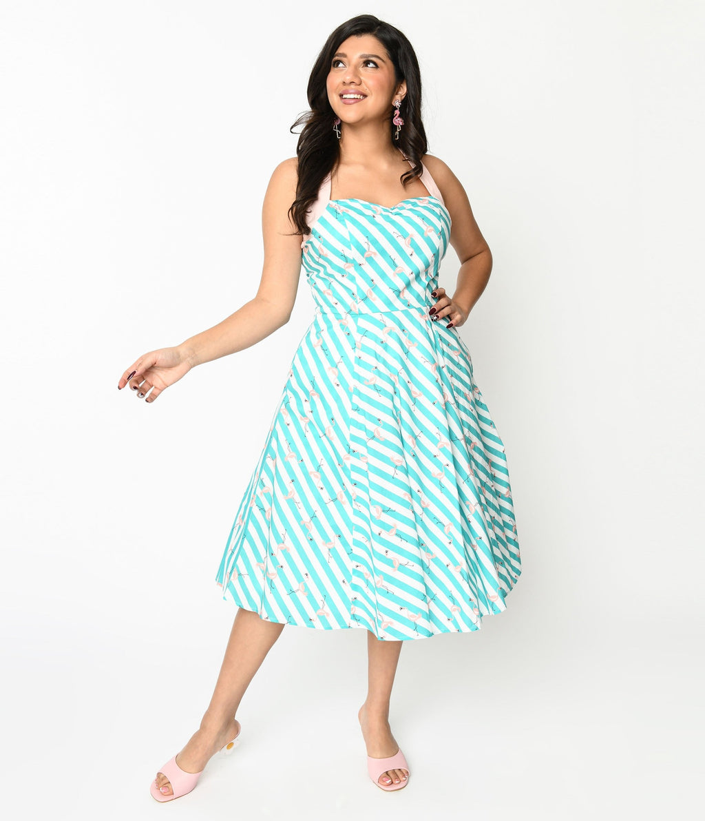  Teal & White Striped Flamingo Print Swing Dress