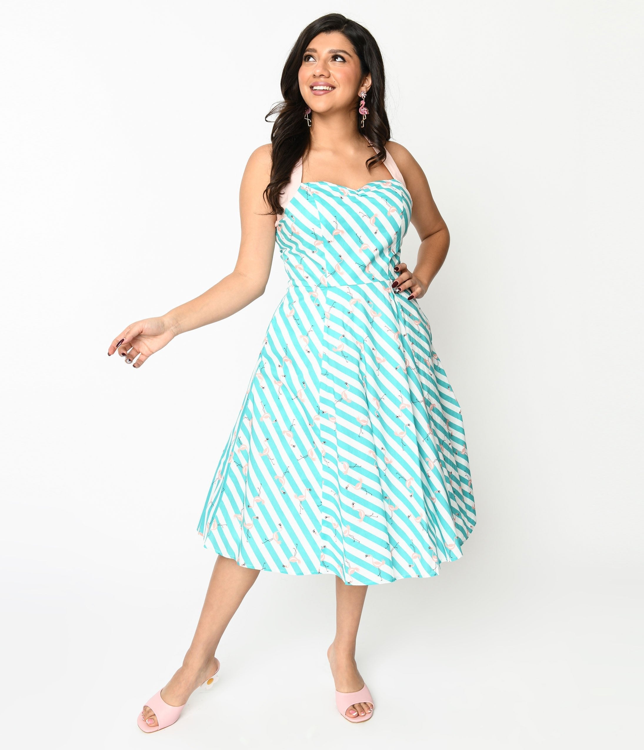  Teal & White Striped Flamingo Print Swing Dress
