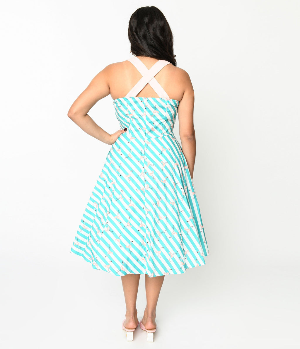  Teal & White Striped Flamingo Print Swing Dress