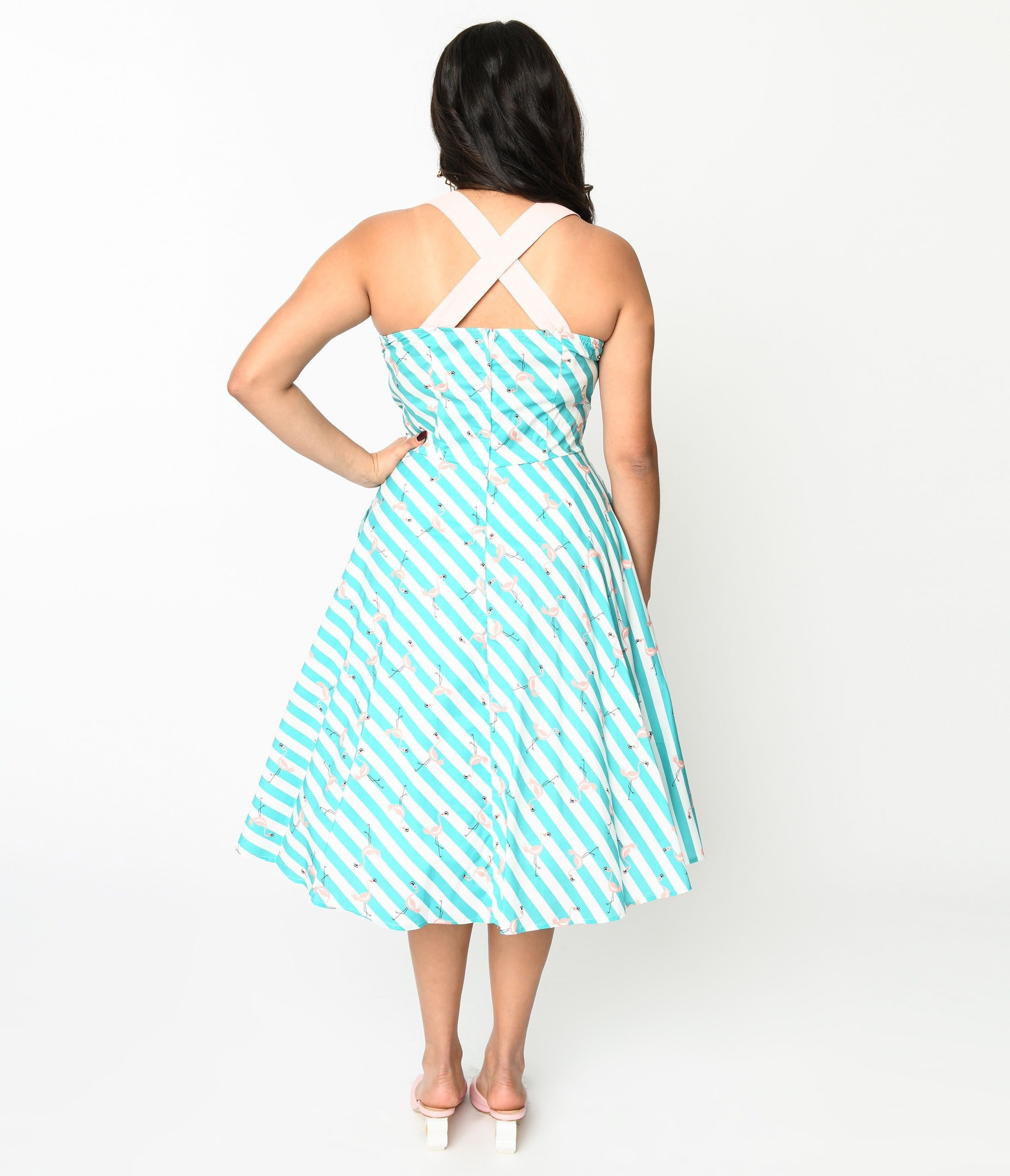  Teal & White Striped Flamingo Print Swing Dress