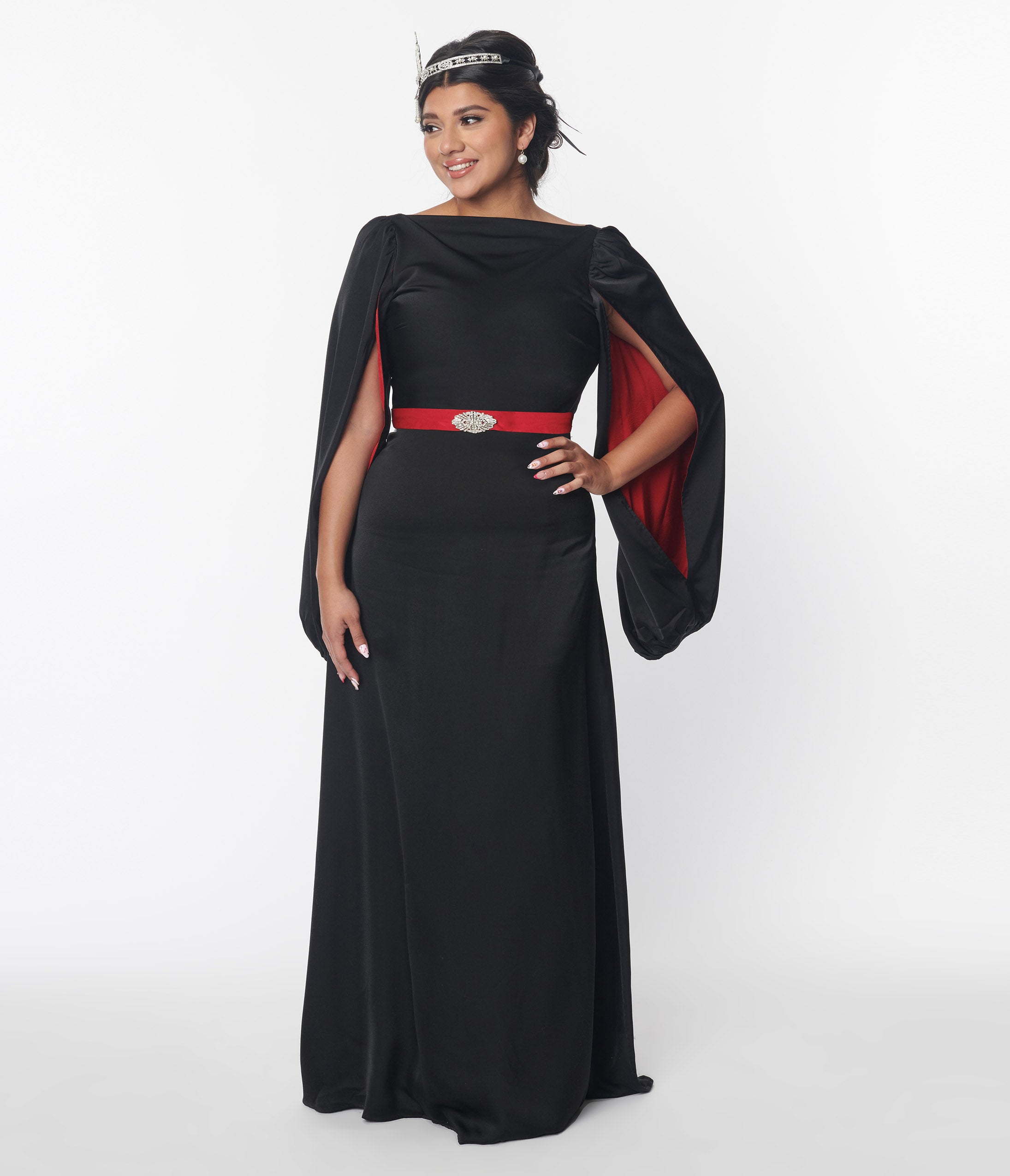  The Great Gatsby X Unique Vintage Black Satin & Red Contrast Evening Gown