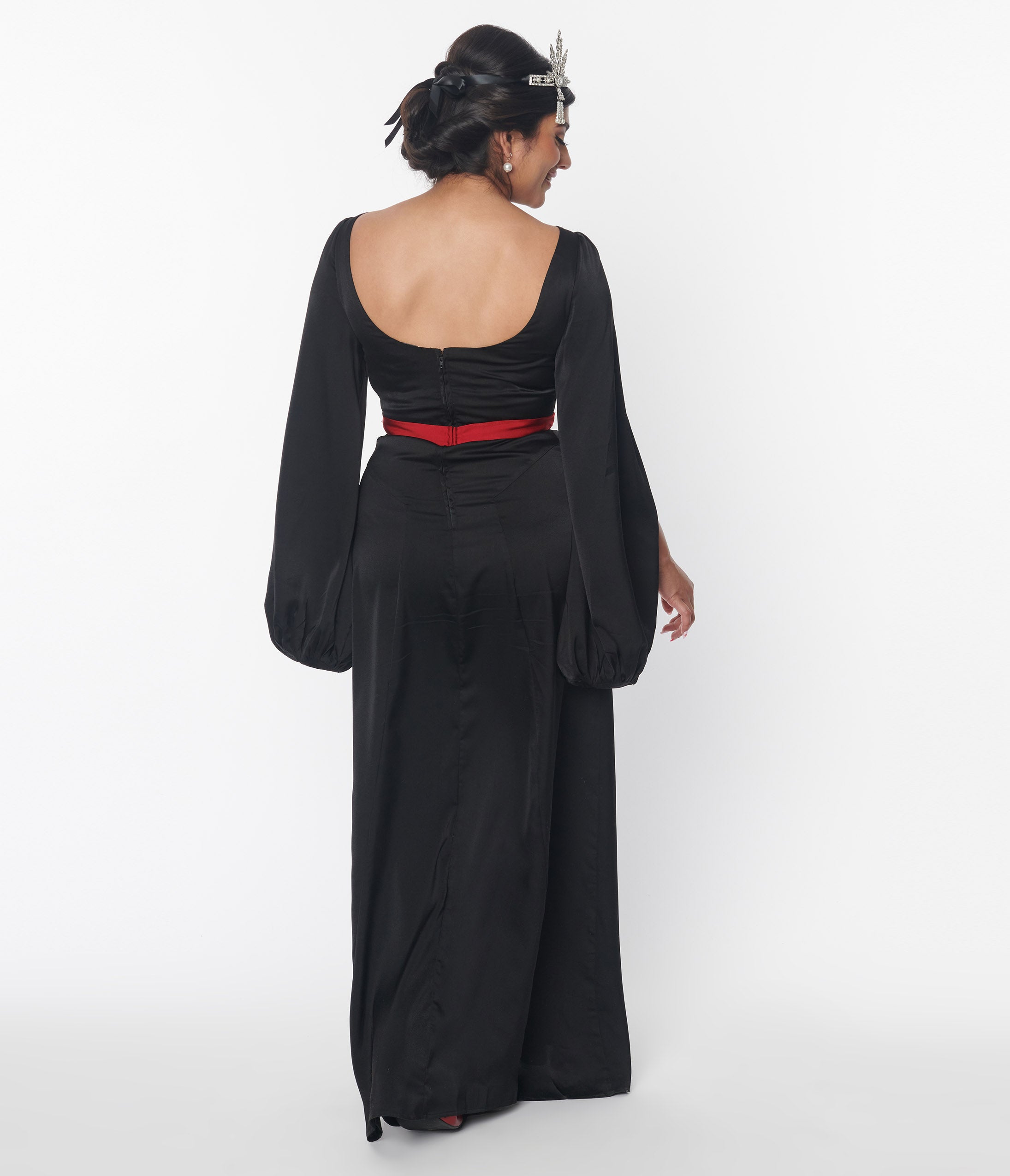  The Great Gatsby X Unique Vintage Black Satin & Red Contrast Evening Gown