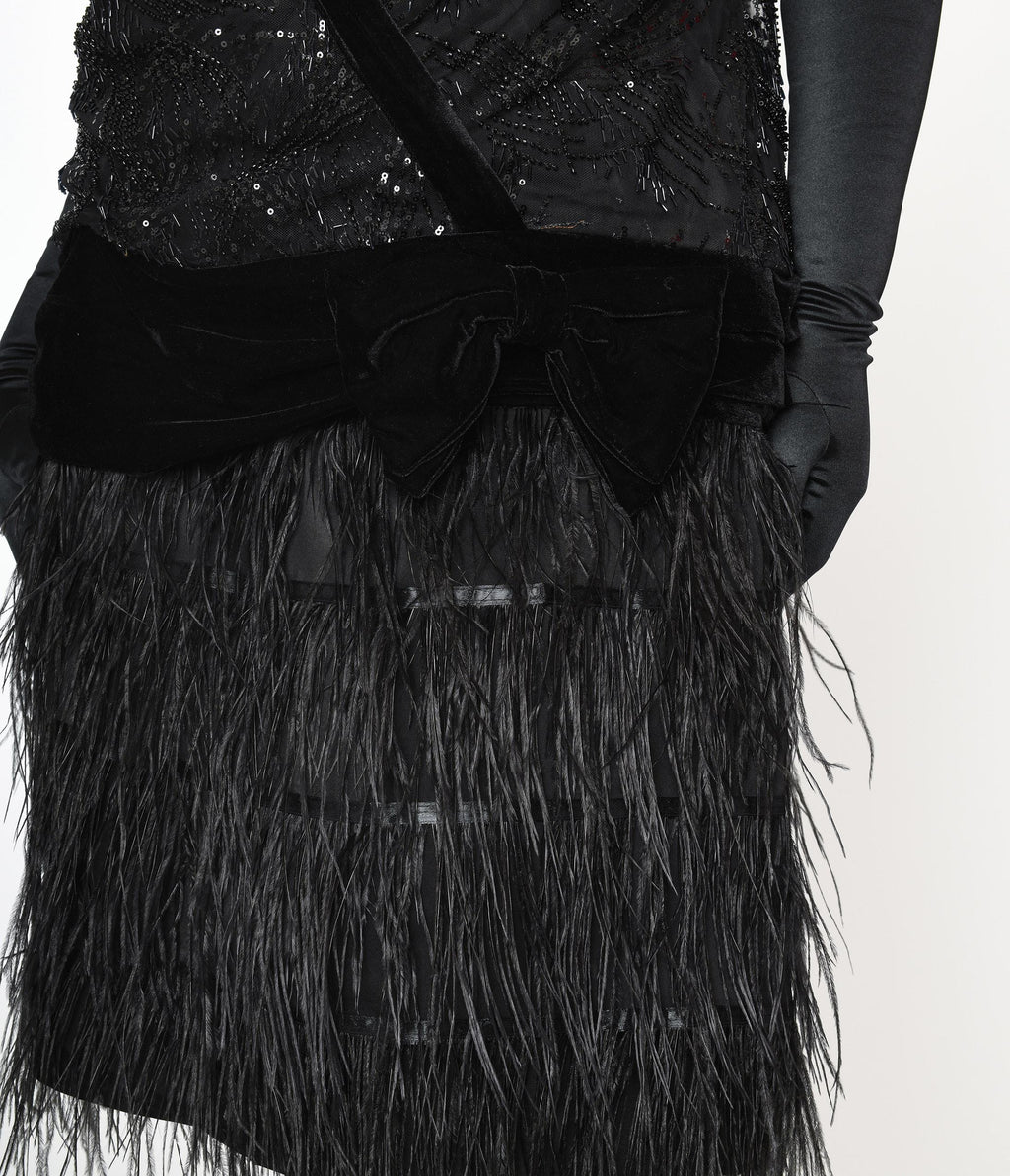  The Great Gatsby X Unique Vintage Plus Size Black Sequin & Feather Surplice Flapper Dress