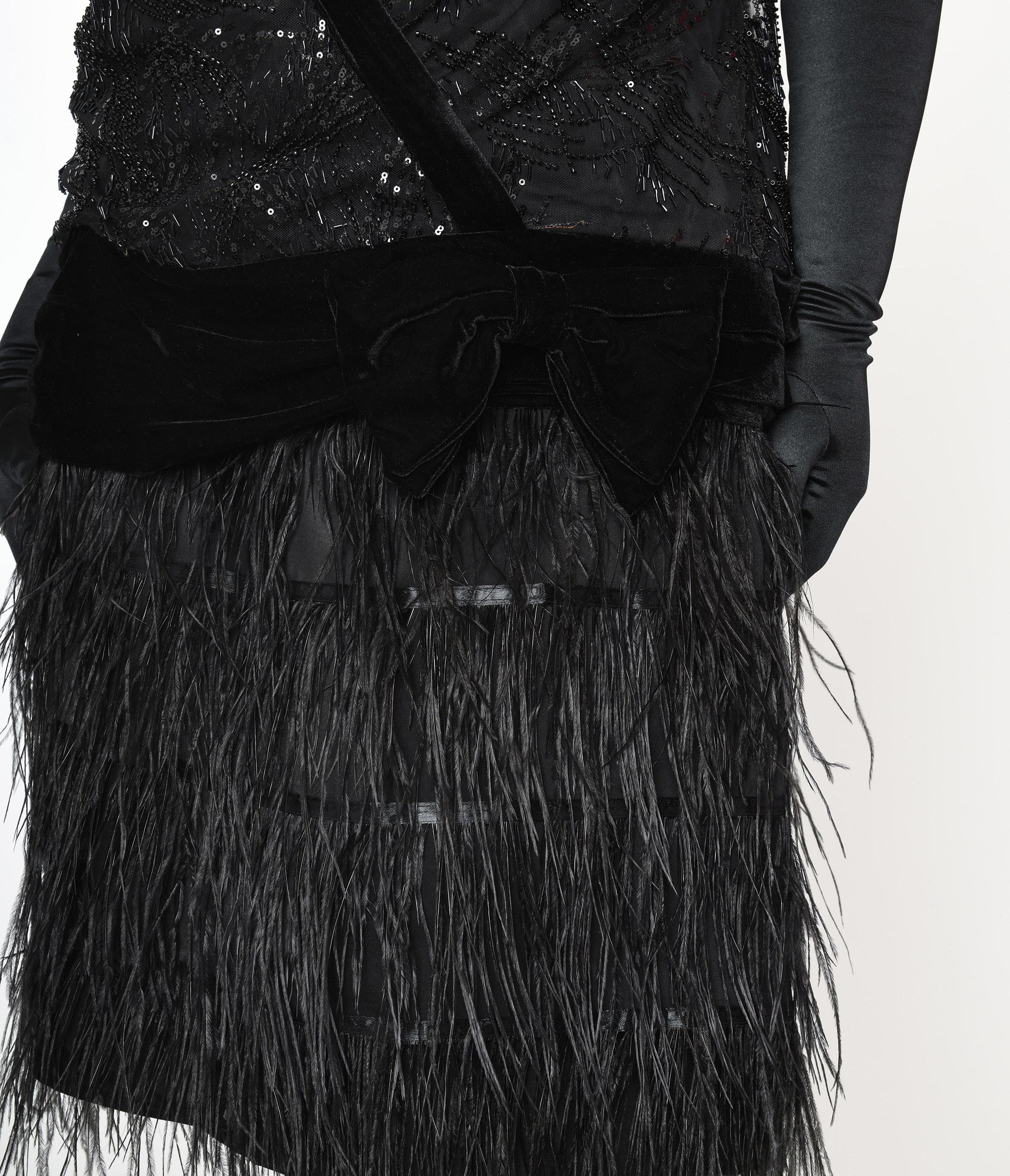  The Great Gatsby X Unique Vintage Plus Size Black Sequin & Feather Surplice Flapper Dress