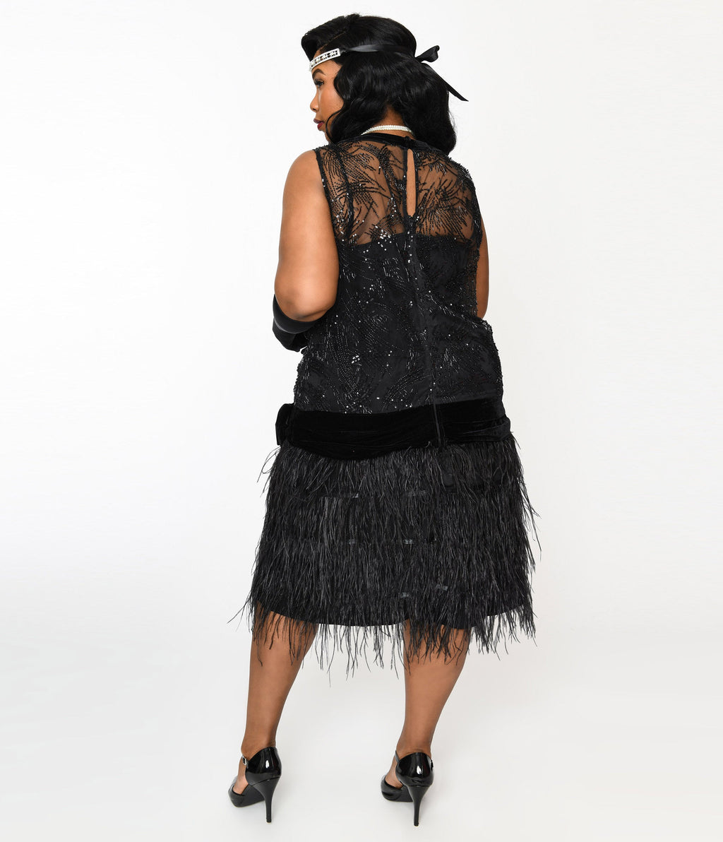  The Great Gatsby X Unique Vintage Plus Size Black Sequin & Feather Surplice Flapper Dress