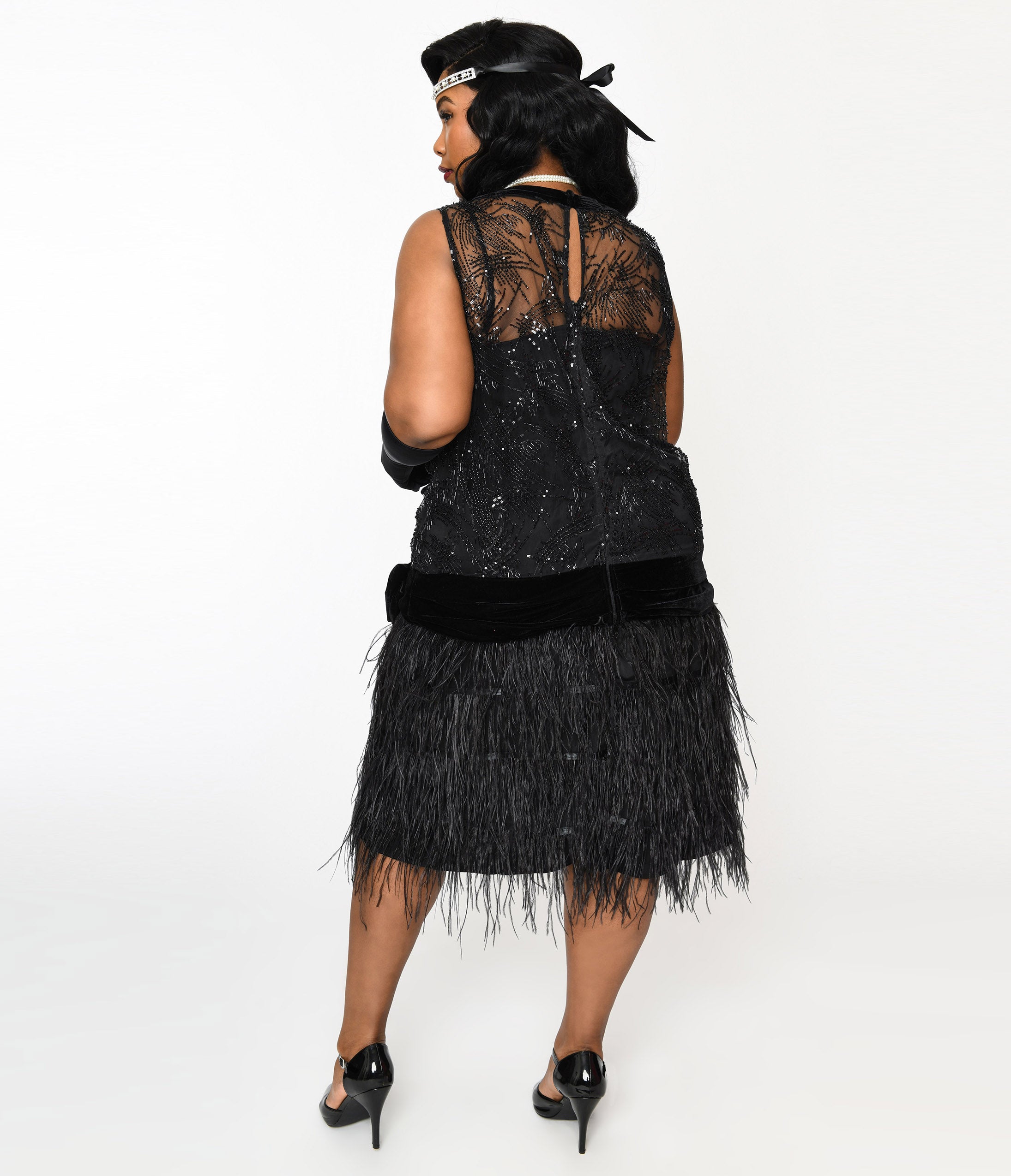  The Great Gatsby X Unique Vintage Plus Size Black Sequin & Feather Surplice Flapper Dress
