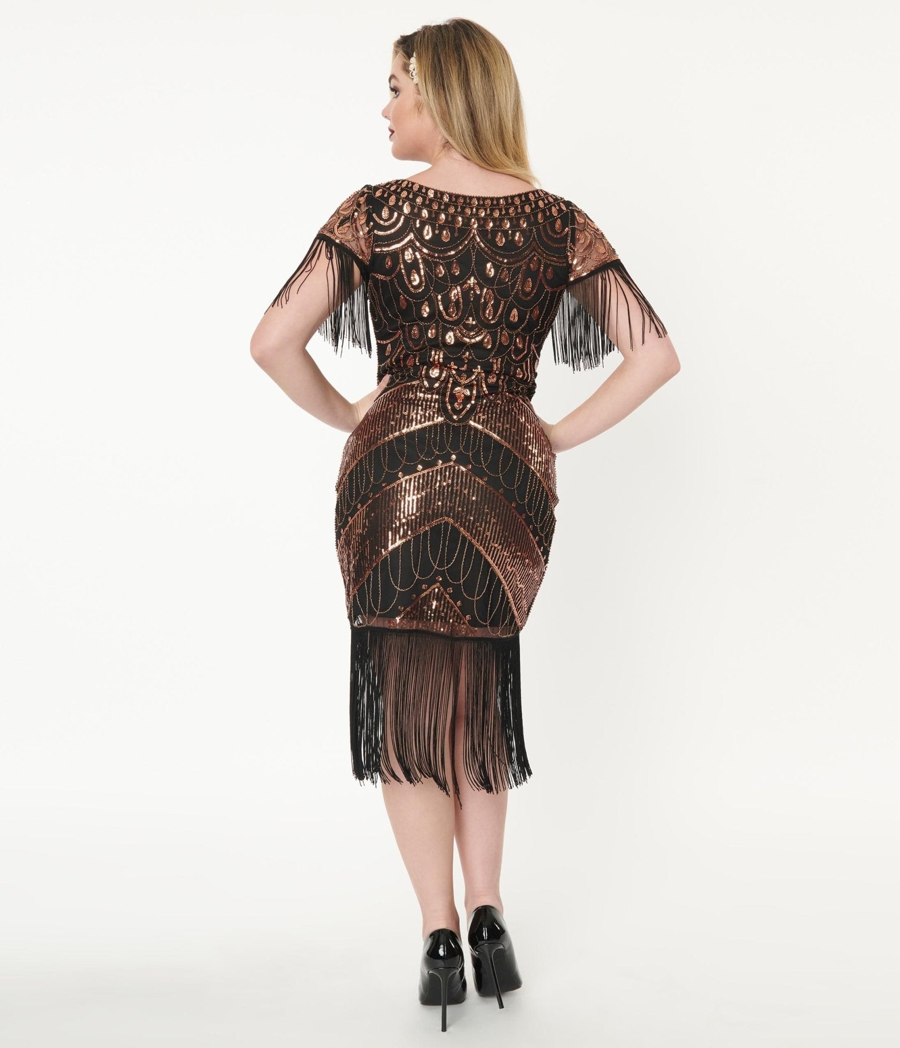  Unique Vintage 1920s Black & Bronze Sequin Sleeved Laure Flapper Dress