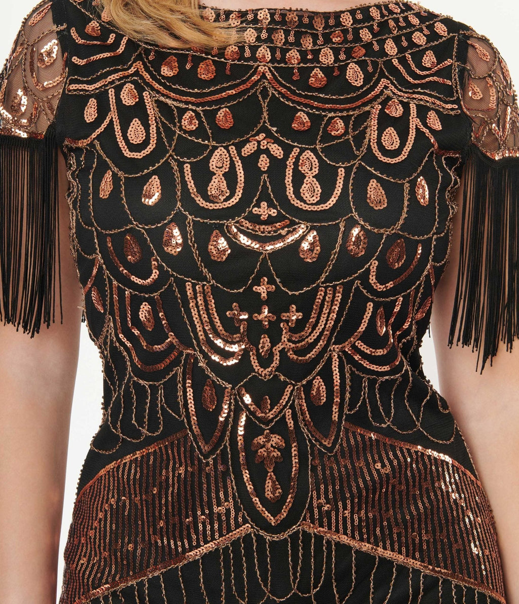  Unique Vintage 1920s Black & Bronze Sequin Sleeved Laure Flapper Dress