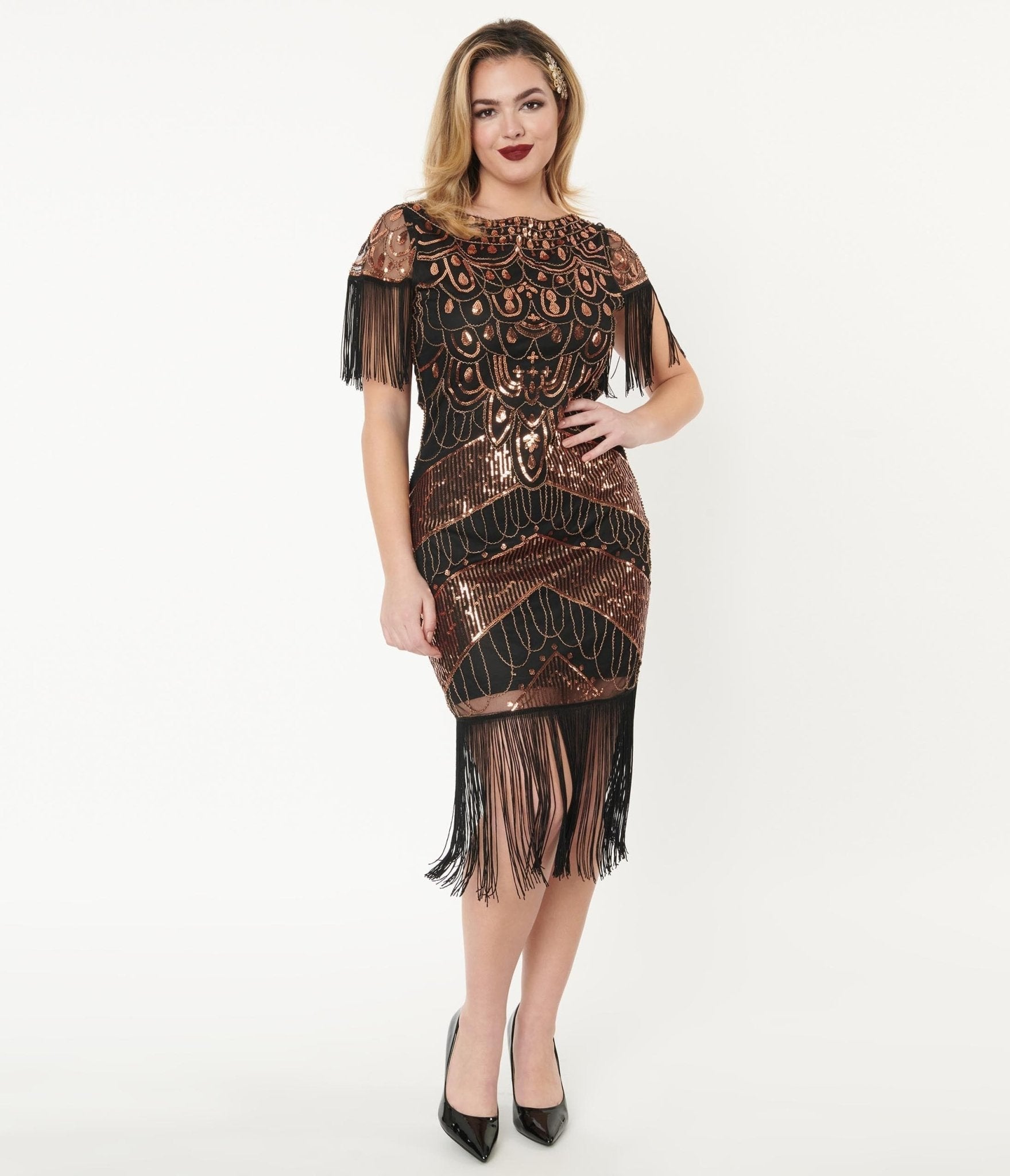  Unique Vintage 1920s Black & Bronze Sequin Sleeved Laure Flapper Dress