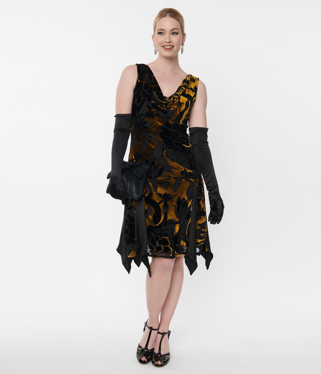  Unique Vintage 1920s Black & Gold Velvet Floral Burnout Hemingway Flapper Dress