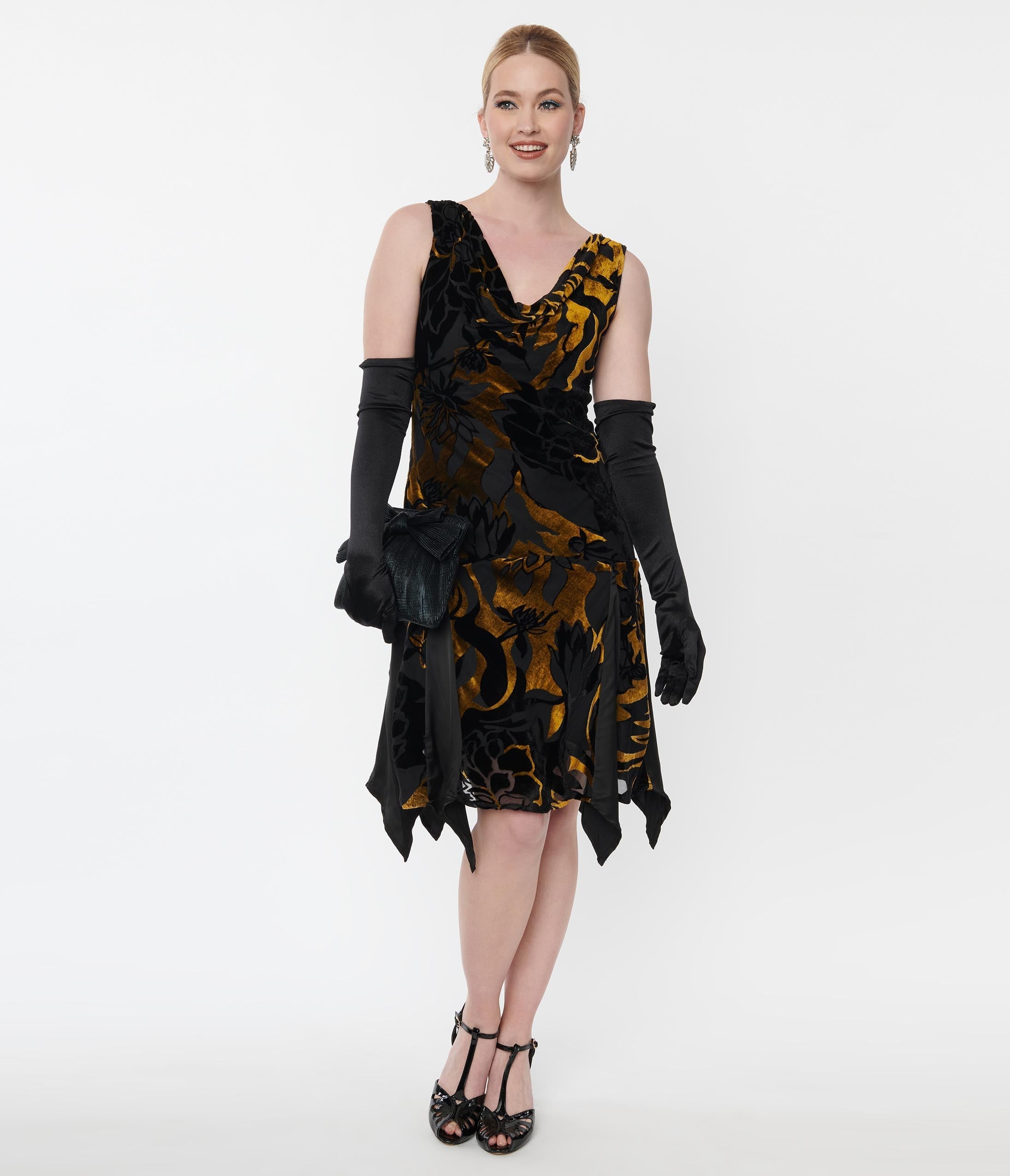  Unique Vintage 1920s Black & Gold Velvet Floral Burnout Hemingway Flapper Dress