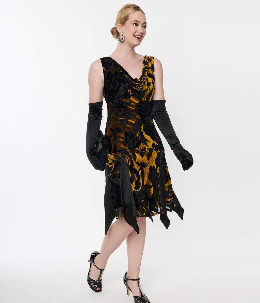  Unique Vintage 1920s Black & Gold Velvet Floral Burnout Hemingway Flapper Dress