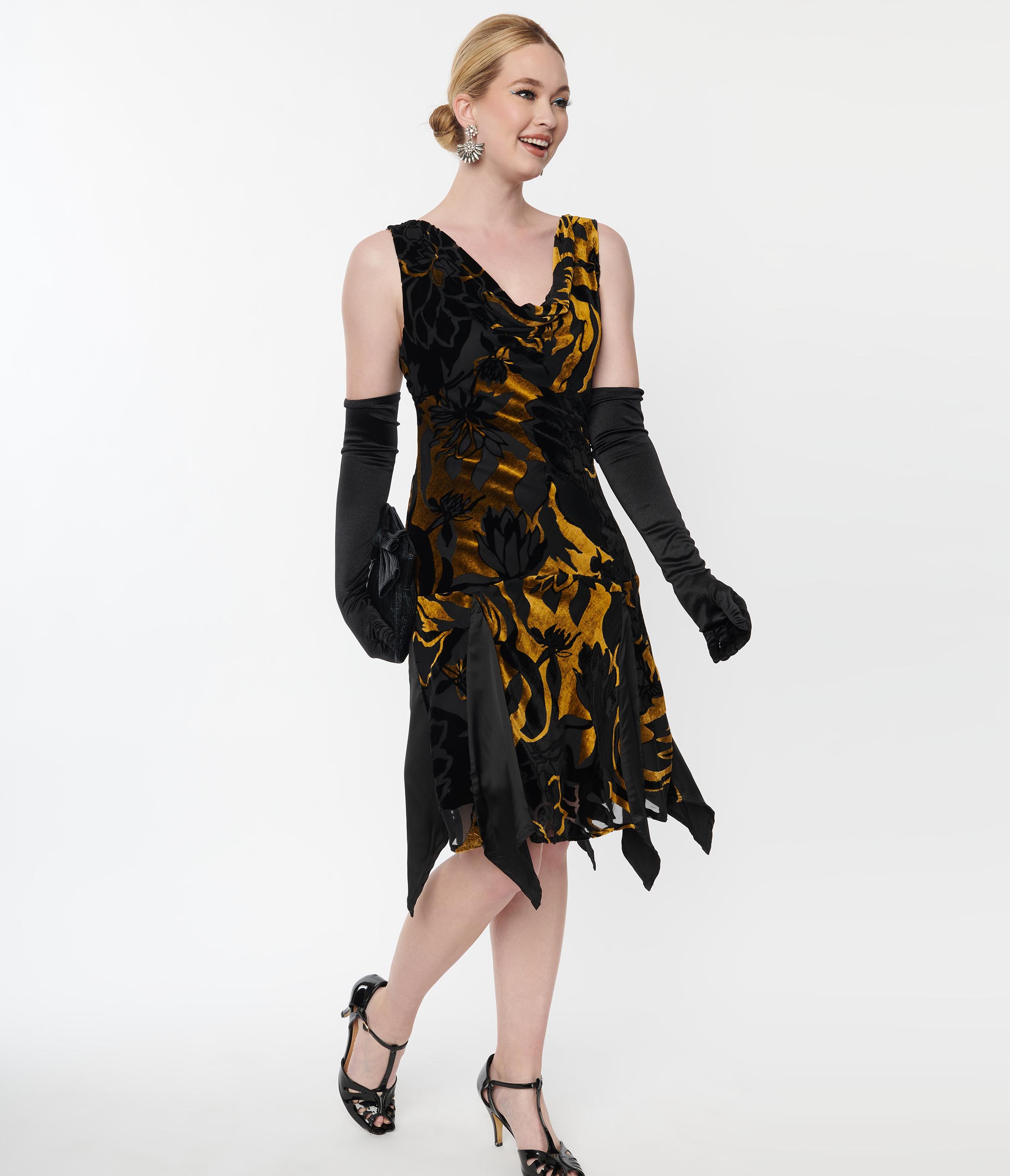  Unique Vintage 1920s Black & Gold Velvet Floral Burnout Hemingway Flapper Dress
