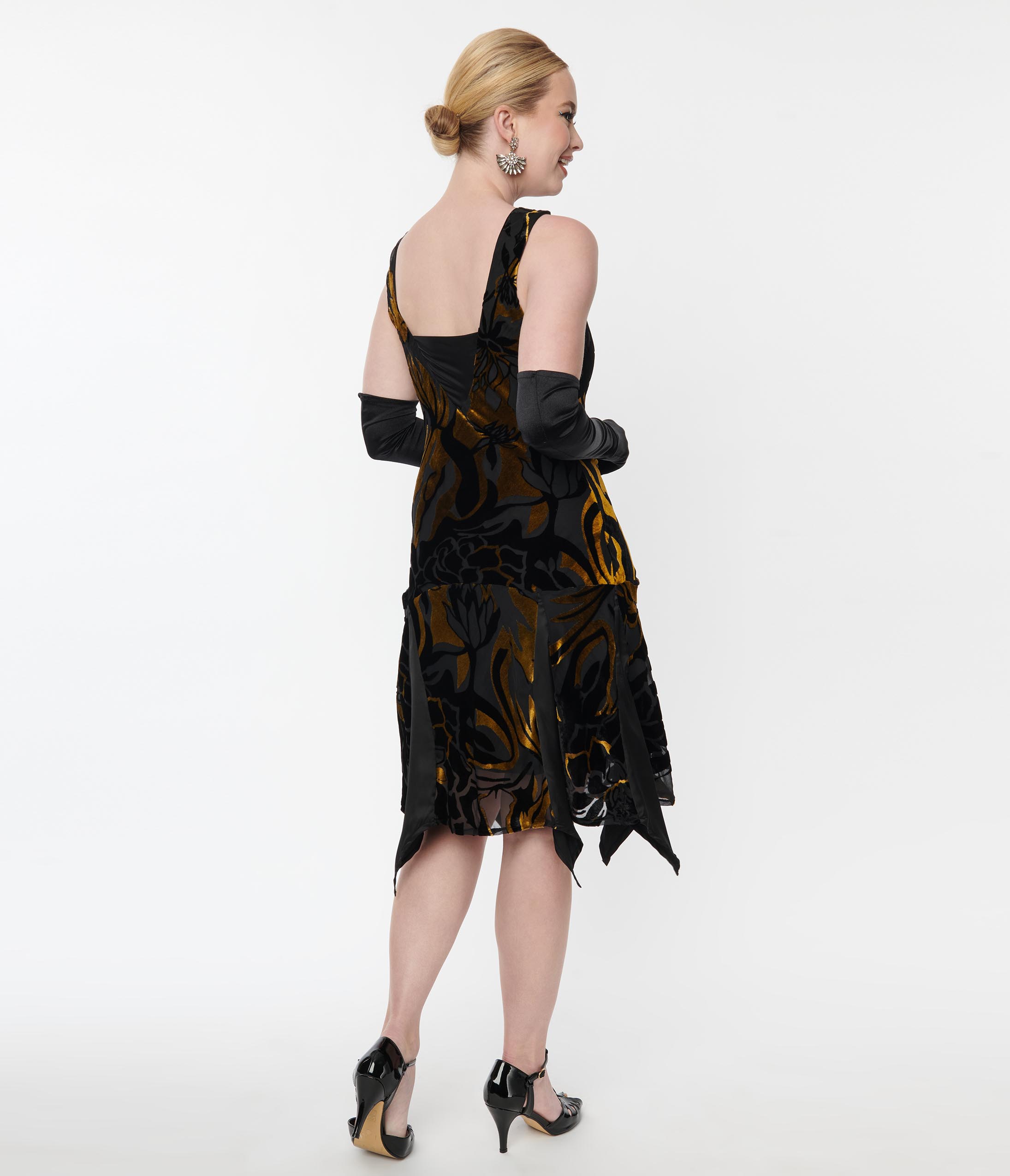  Unique Vintage 1920s Black & Gold Velvet Floral Burnout Hemingway Flapper Dress
