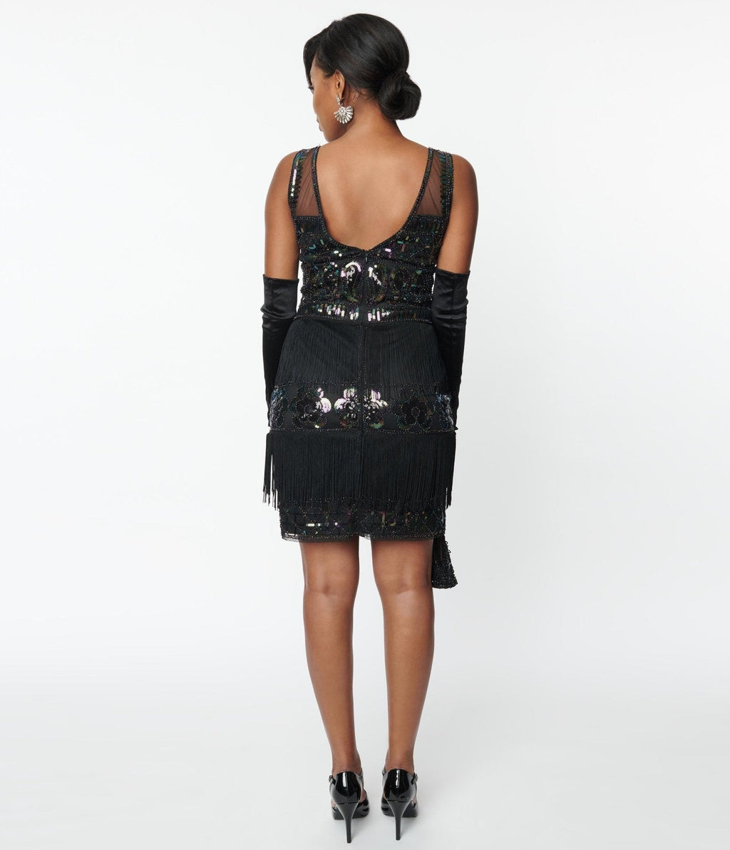  Unique Vintage 1920s Black & Iridescent Sequin Sleeveless Flapper Dress