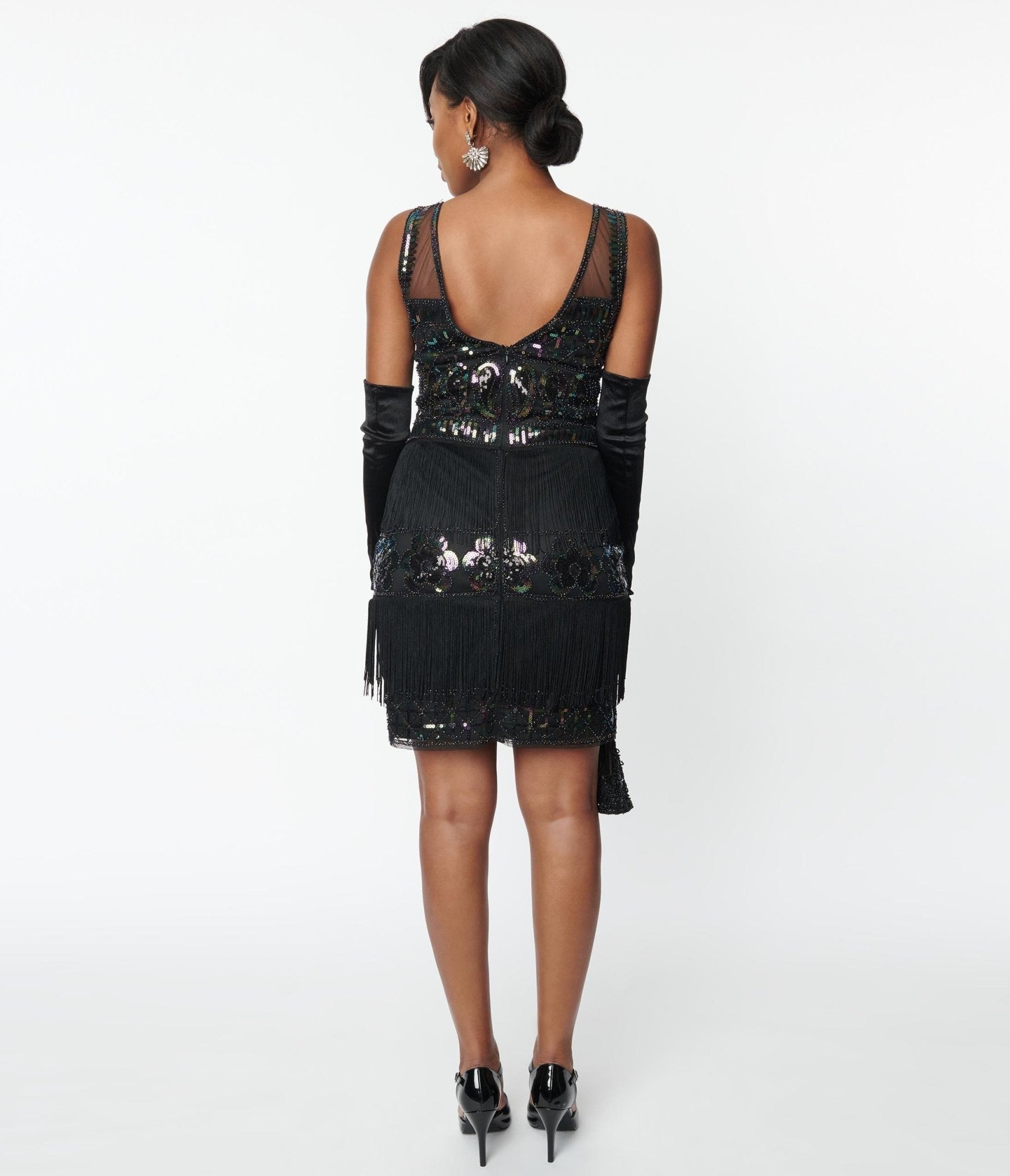  Unique Vintage 1920s Black & Iridescent Sequin Sleeveless Flapper Dress
