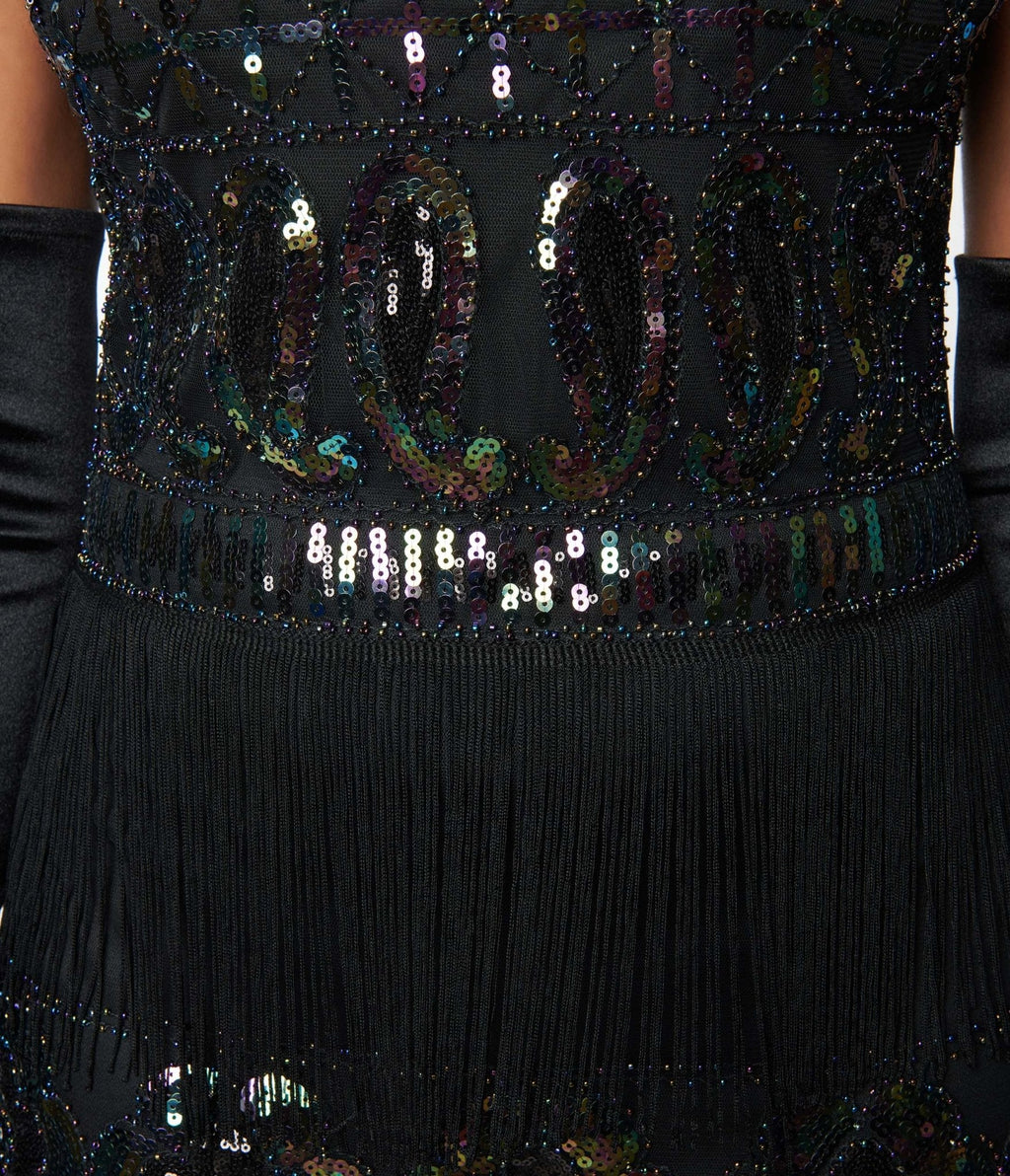  Unique Vintage 1920s Black & Iridescent Sequin Sleeveless Flapper Dress