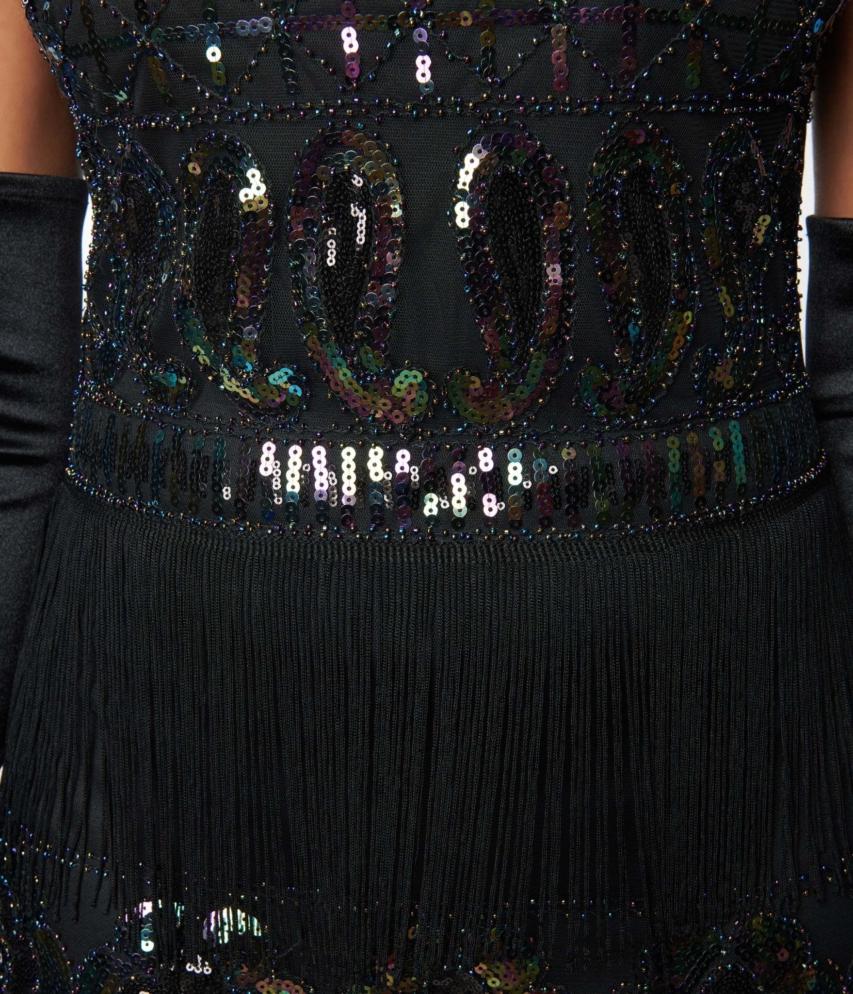  Unique Vintage 1920s Black & Iridescent Sequin Sleeveless Flapper Dress