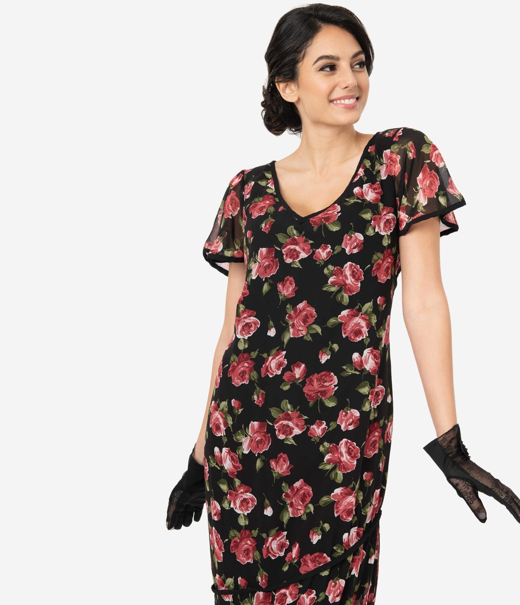  Unique Vintage 1920s Black & Pink Floral Joyeux Flapper Day Dress