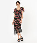  Unique Vintage 1920s Black & Pink Floral Joyeux Flapper Day Dress