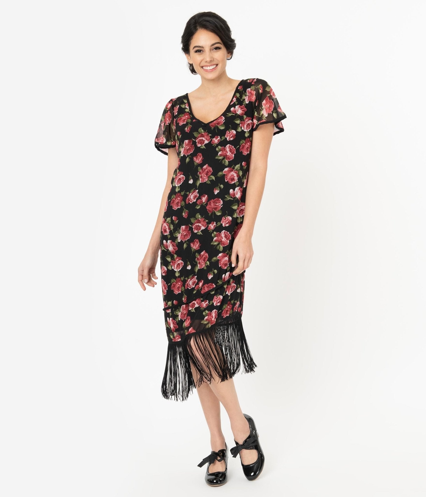  Unique Vintage 1920s Black & Pink Floral Joyeux Flapper Day Dress
