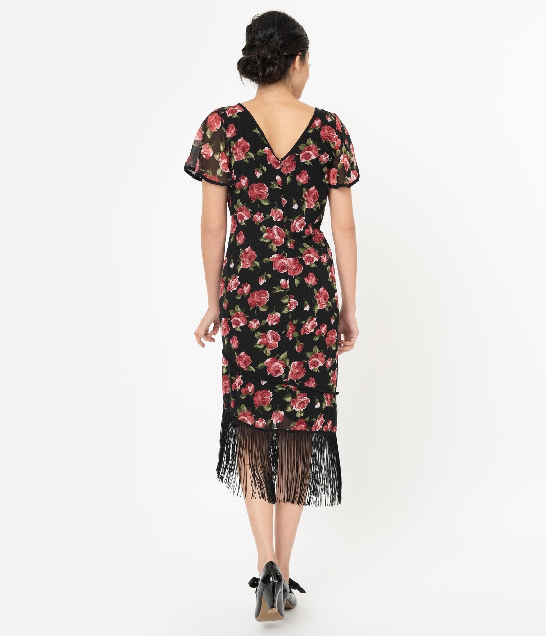  Unique Vintage 1920s Black & Pink Floral Joyeux Flapper Day Dress
