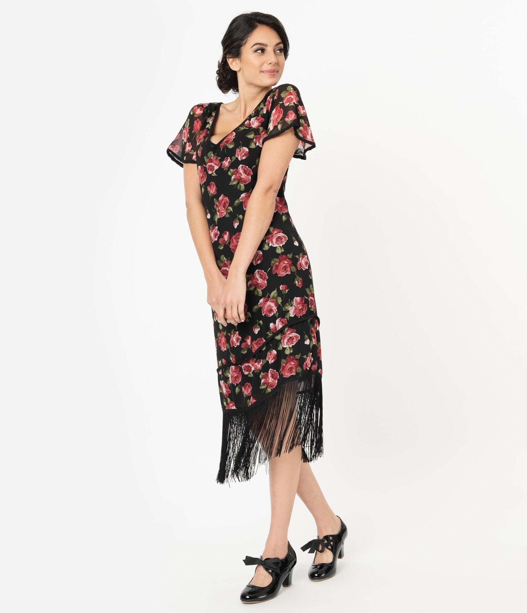  Unique Vintage 1920s Black & Pink Floral Joyeux Flapper Day Dress