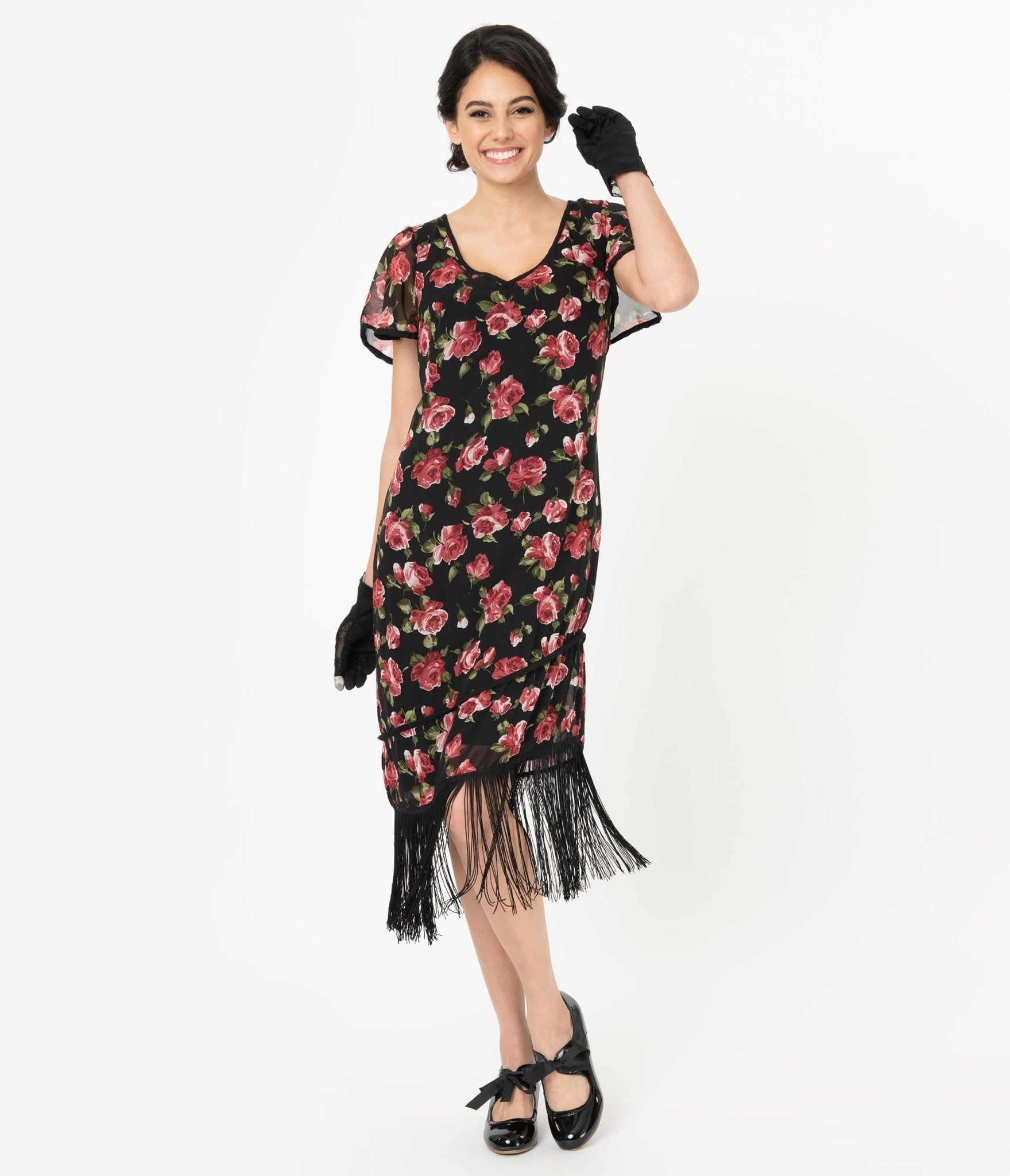  Unique Vintage 1920s Black & Pink Floral Joyeux Flapper Day Dress