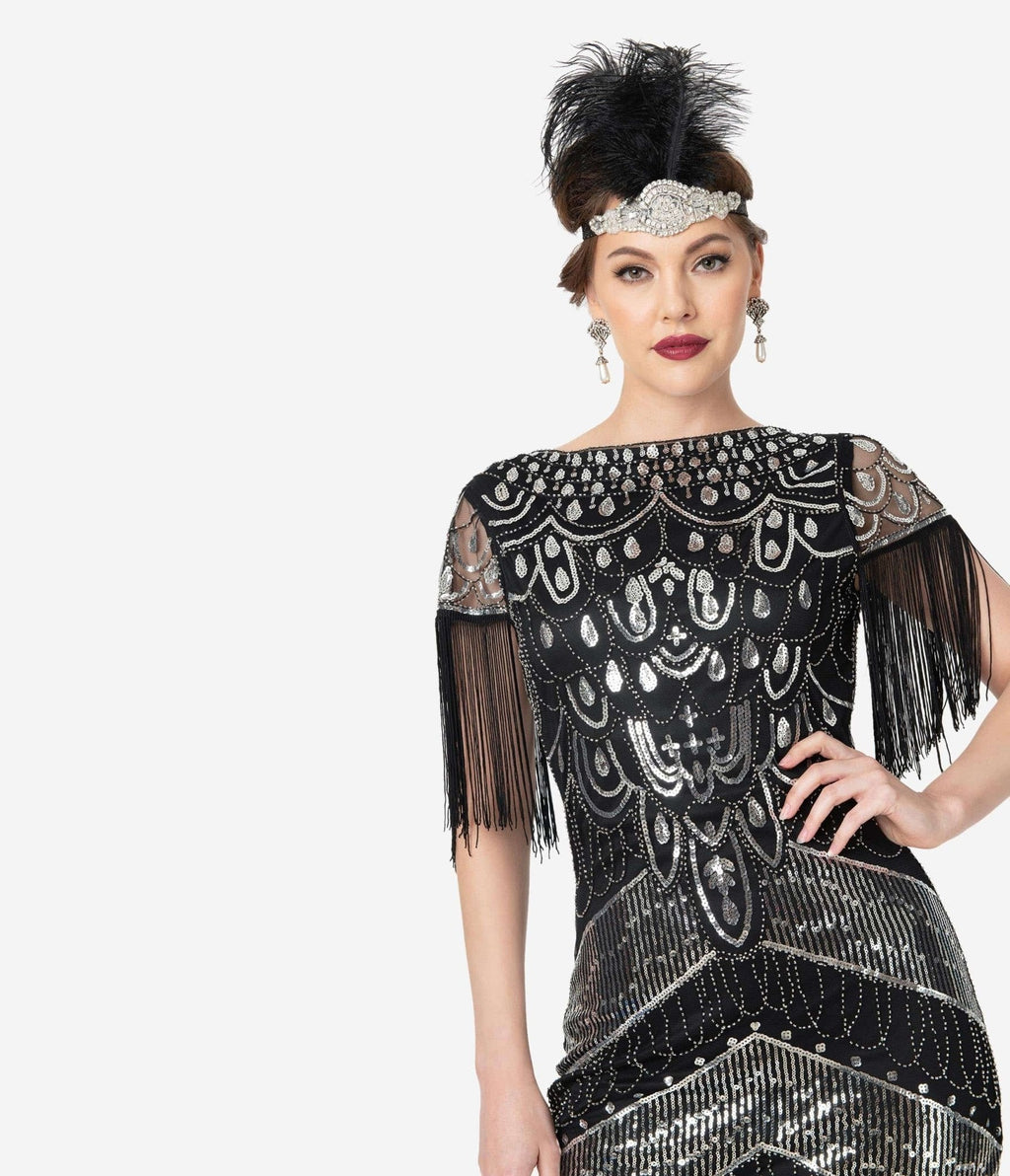  Unique Vintage 1920s Black & Silver Sequin Fringe Sleeved Laure Flapper Dress