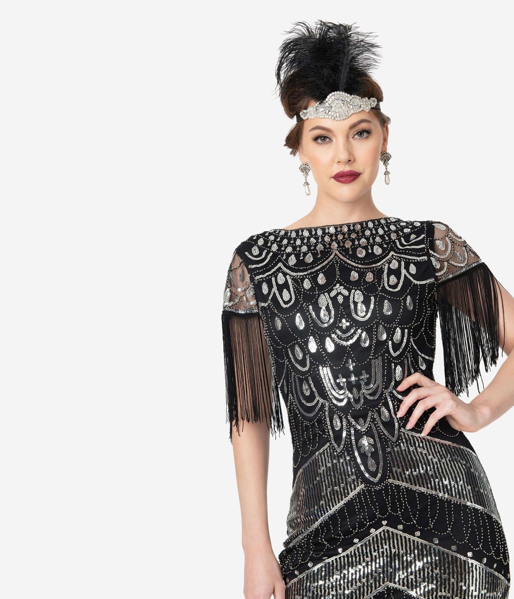  Unique Vintage 1920s Black & Silver Sequin Fringe Sleeved Laure Flapper Dress
