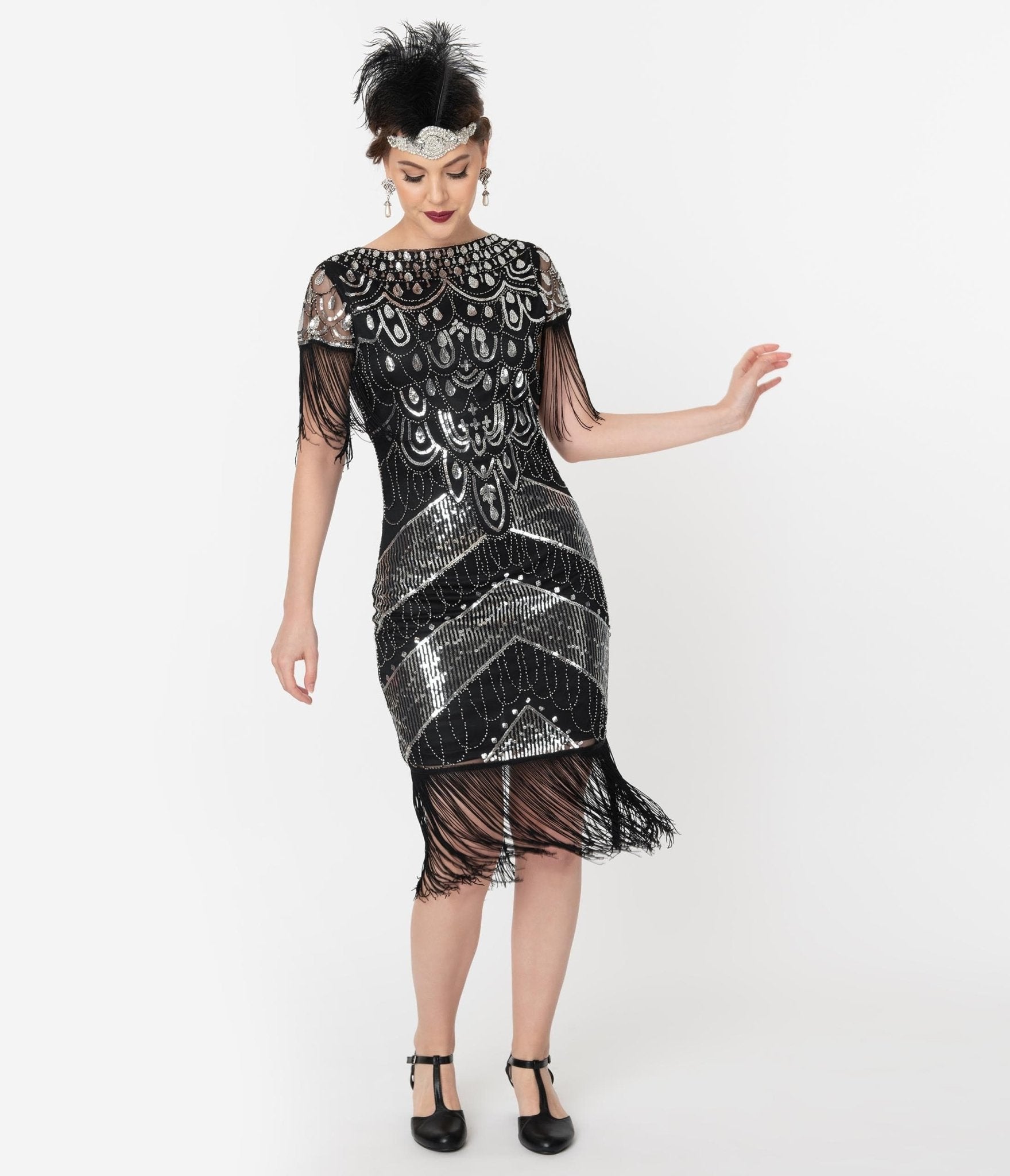  Unique Vintage 1920s Black & Silver Sequin Fringe Sleeved Laure Flapper Dress