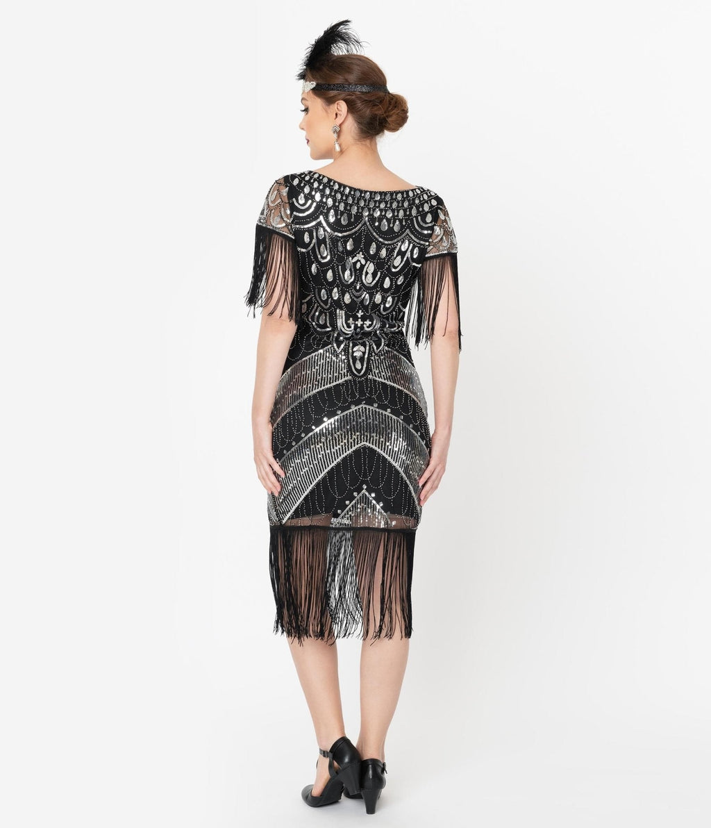  Unique Vintage 1920s Black & Silver Sequin Fringe Sleeved Laure Flapper Dress