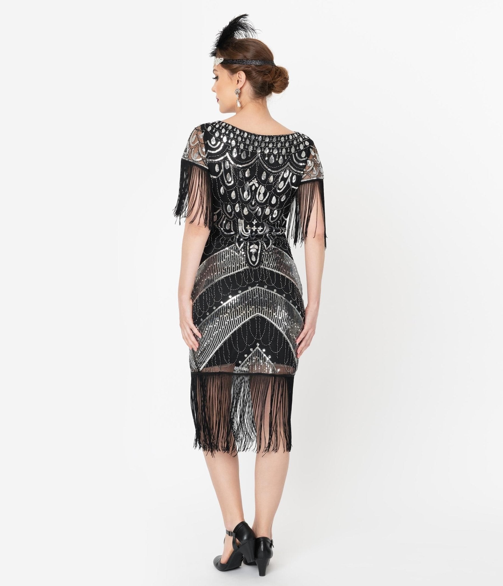  Unique Vintage 1920s Black & Silver Sequin Fringe Sleeved Laure Flapper Dress