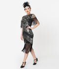 Unique Vintage 1920s Black & Silver Sequin Fringe Sleeved Laure Flapper Dress