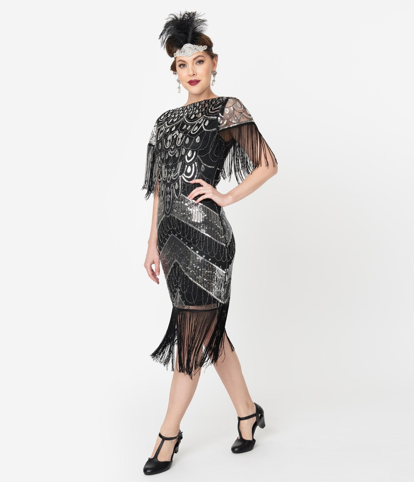  Unique Vintage 1920s Black & Silver Sequin Fringe Sleeved Laure Flapper Dress