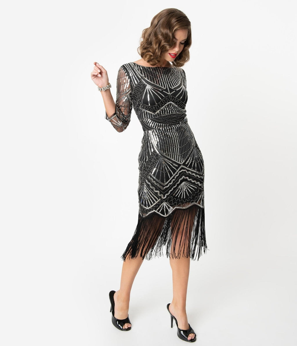  Unique Vintage 1920s Black & Silver Sequin Sleeved Therese Flapper Dress