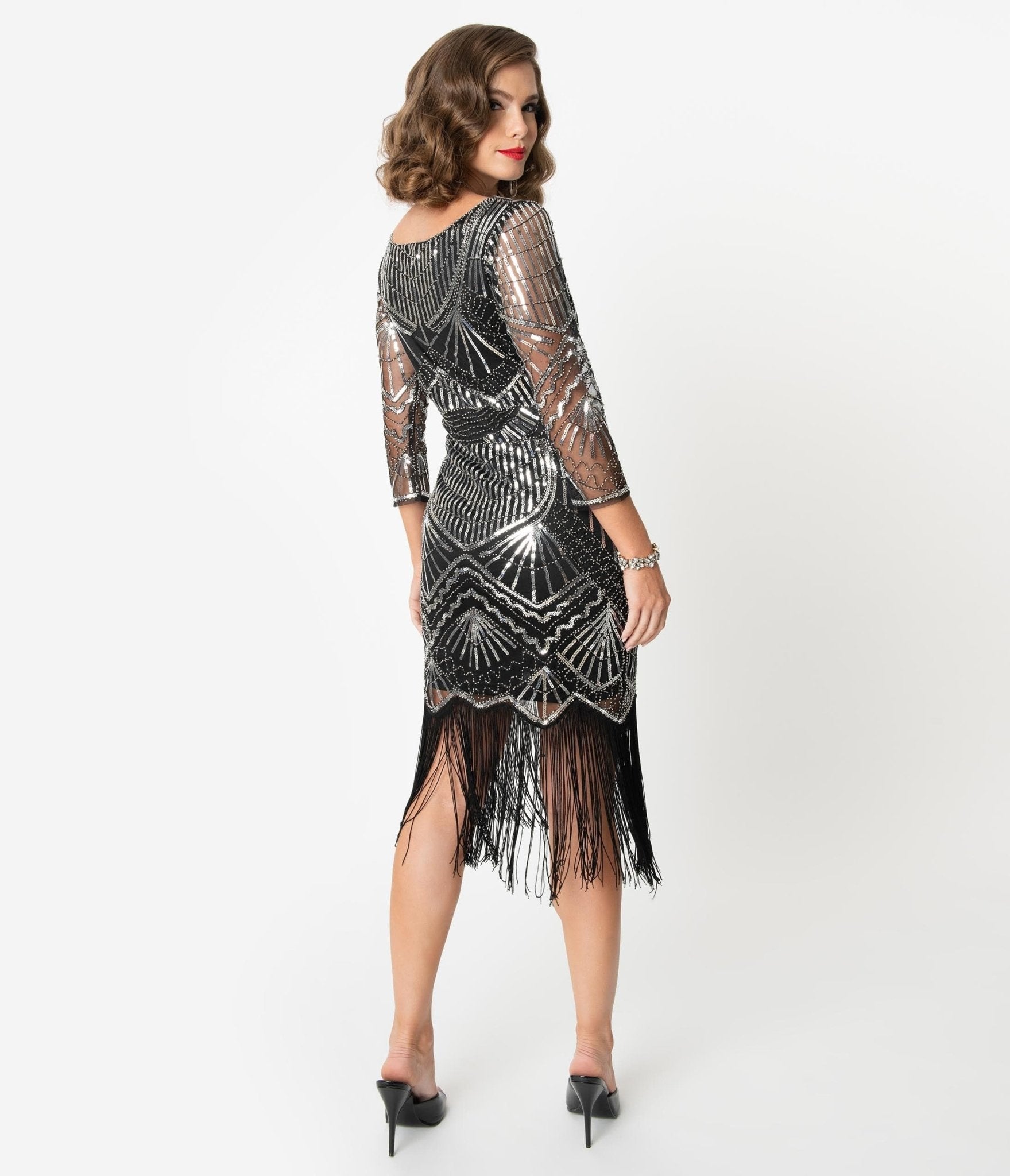  Unique Vintage 1920s Black & Silver Sequin Sleeved Therese Flapper Dress