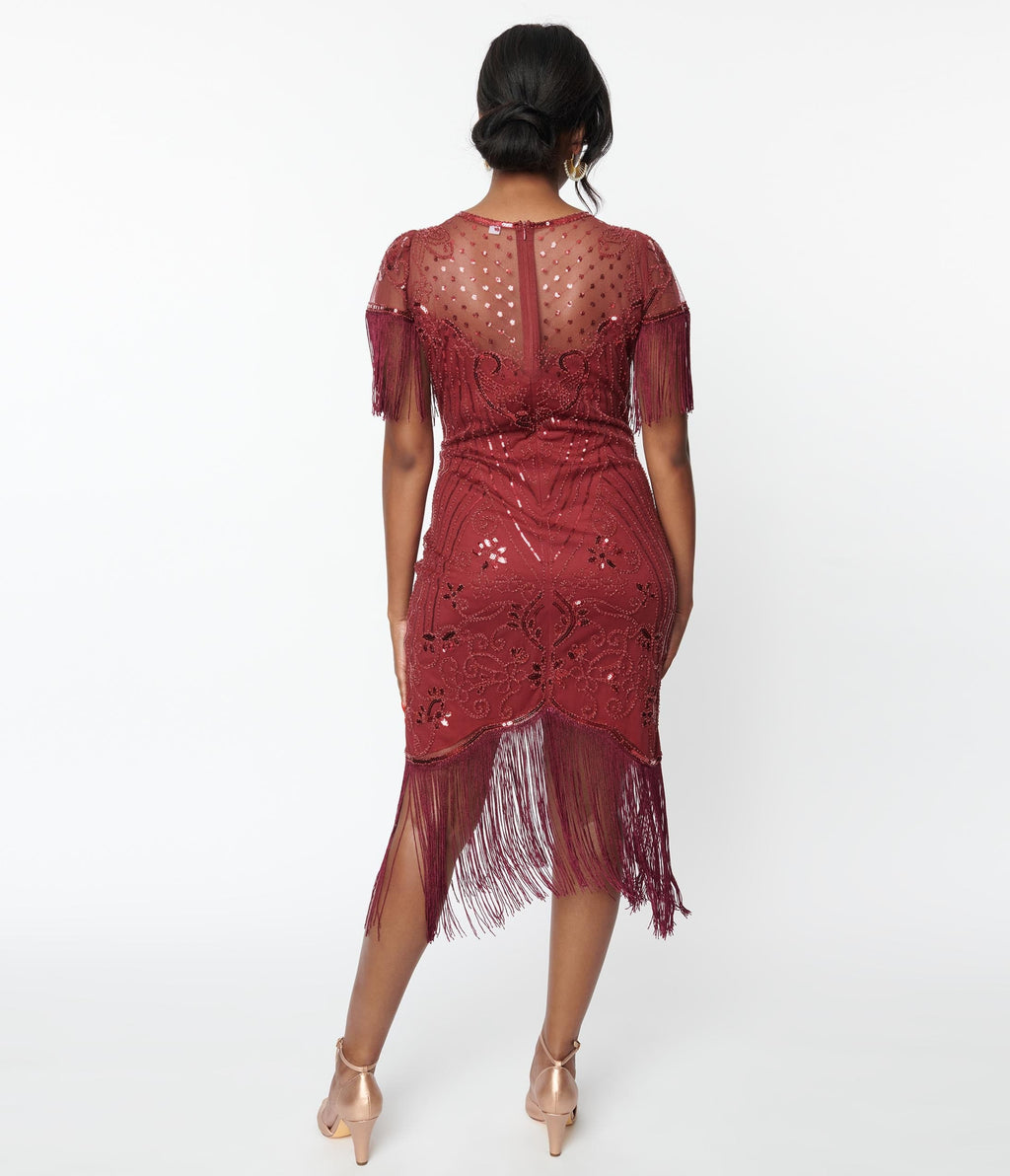  Unique Vintage 1920s Burgundy Beaded Nadine Flapper Dress