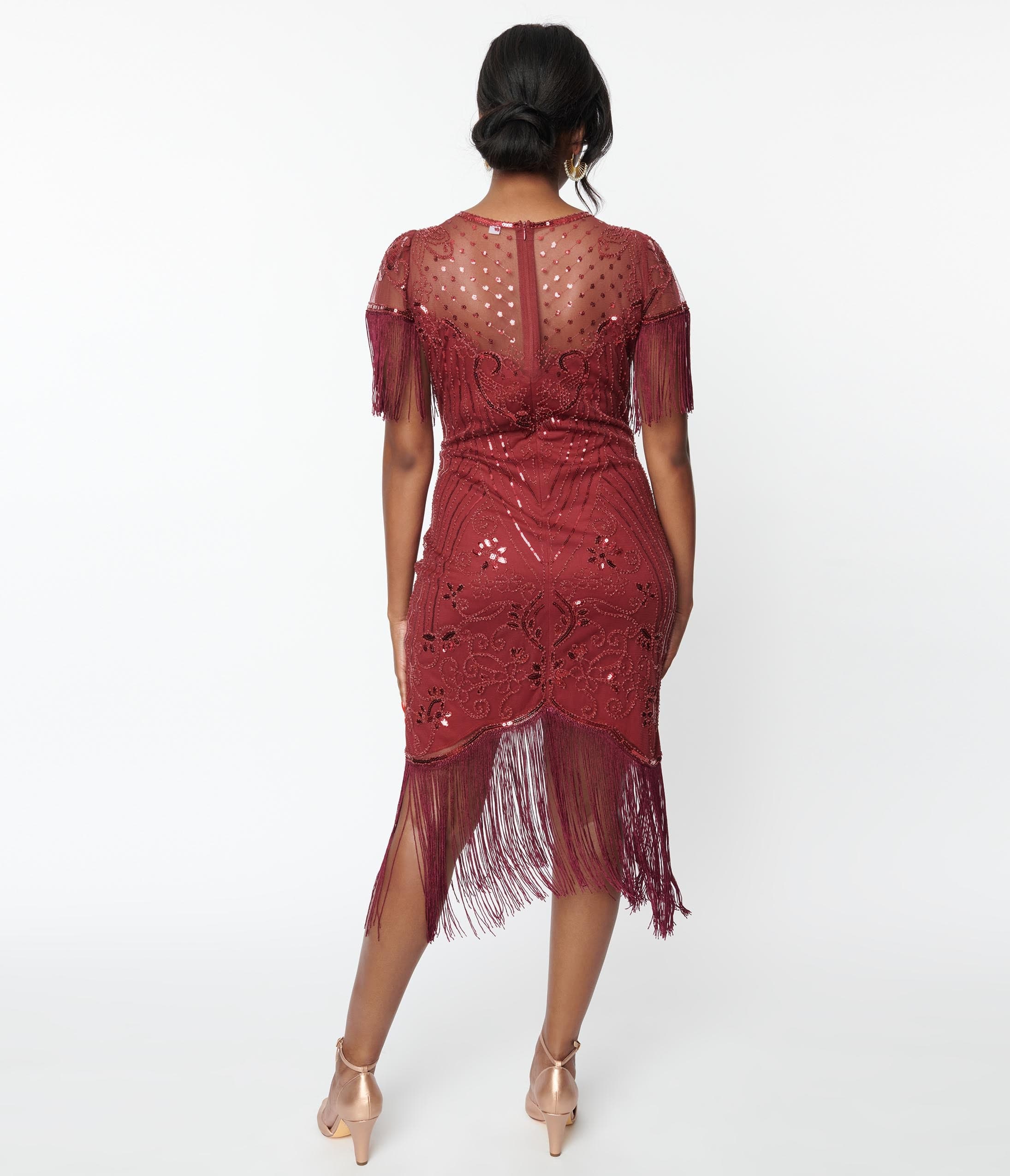  Unique Vintage 1920s Burgundy Beaded Nadine Flapper Dress