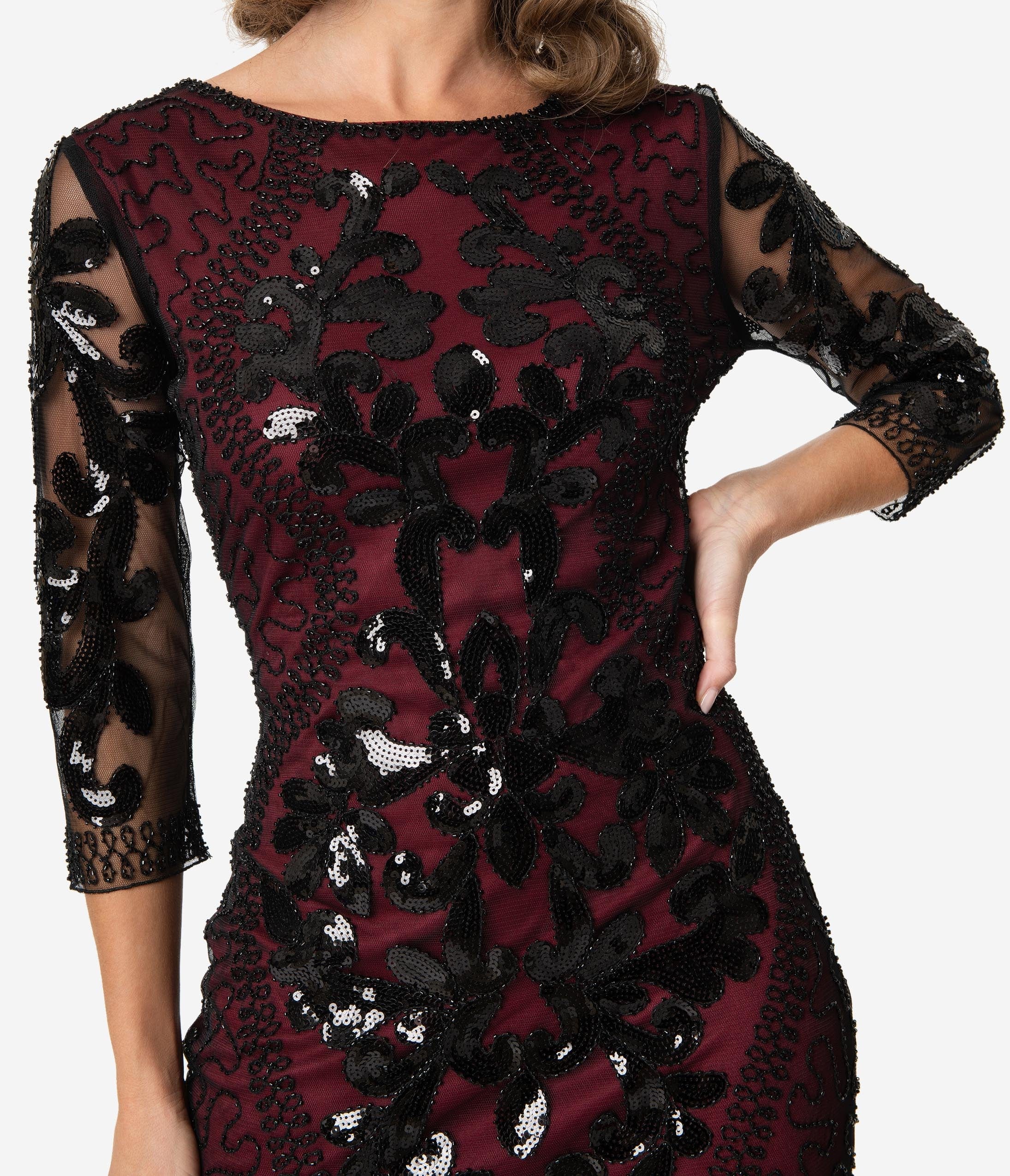  Unique Vintage 1920s Burgundy & Black Sequin Cocktail Celeste Flapper Dress