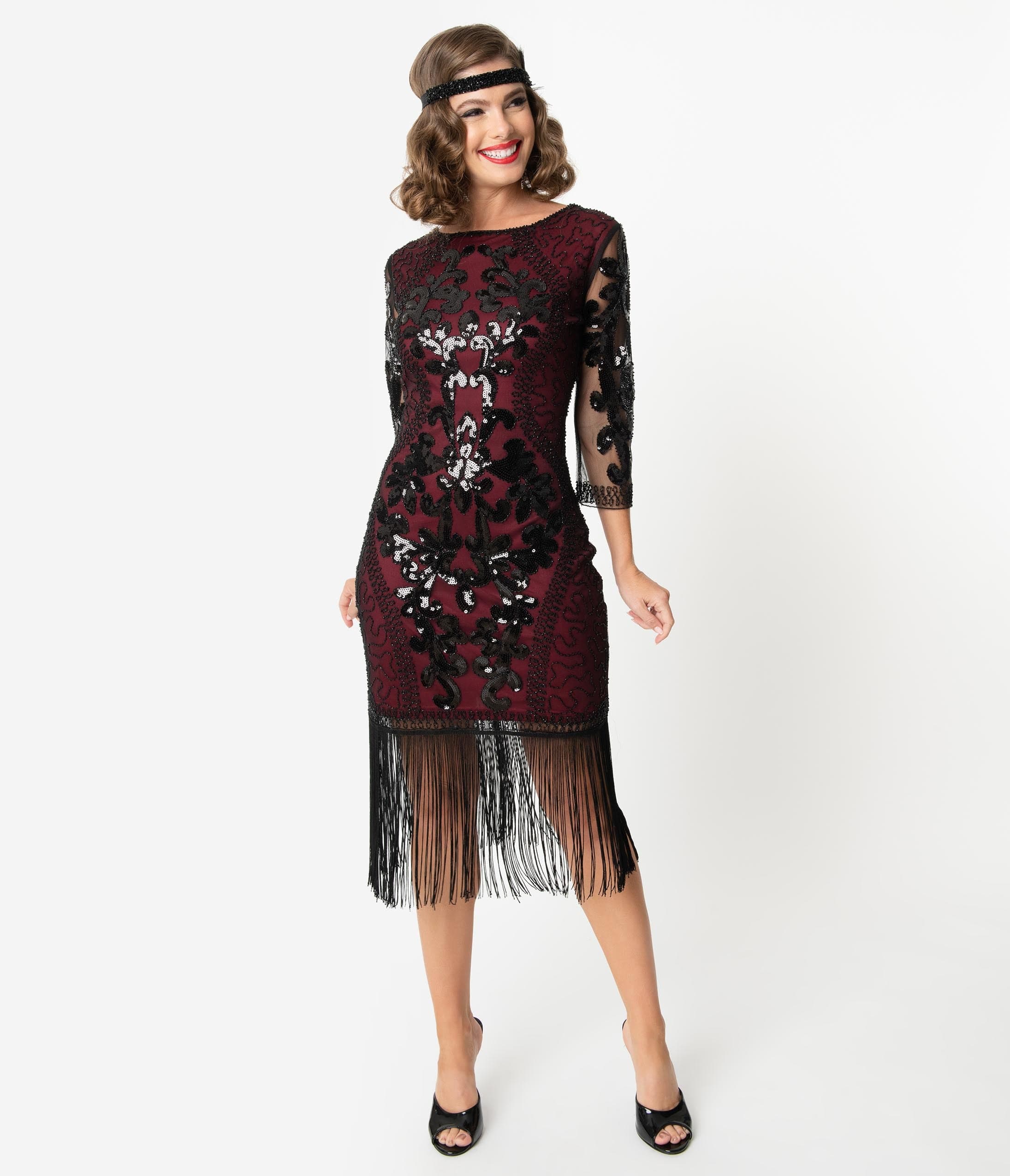  Unique Vintage 1920s Burgundy & Black Sequin Cocktail Celeste Flapper Dress