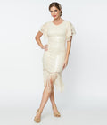  Unique Vintage 1920s Cream Sequin Flutter Sleeve Flapper Dress
