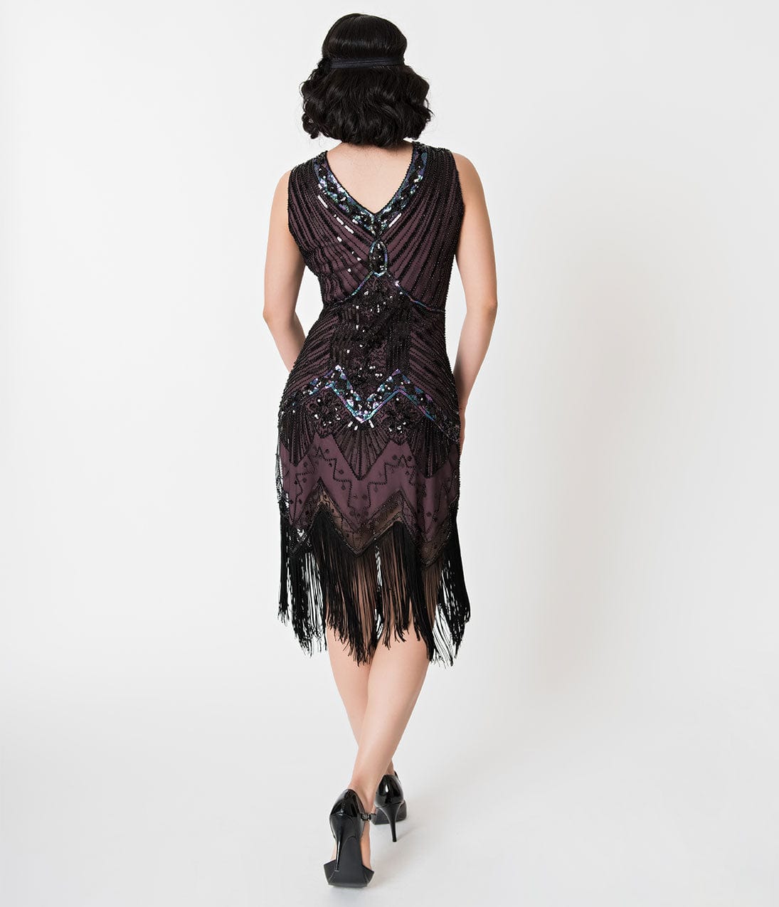  Unique Vintage 1920s Deco Purple & Black Sequin Veronique Fringe Flapper Dress